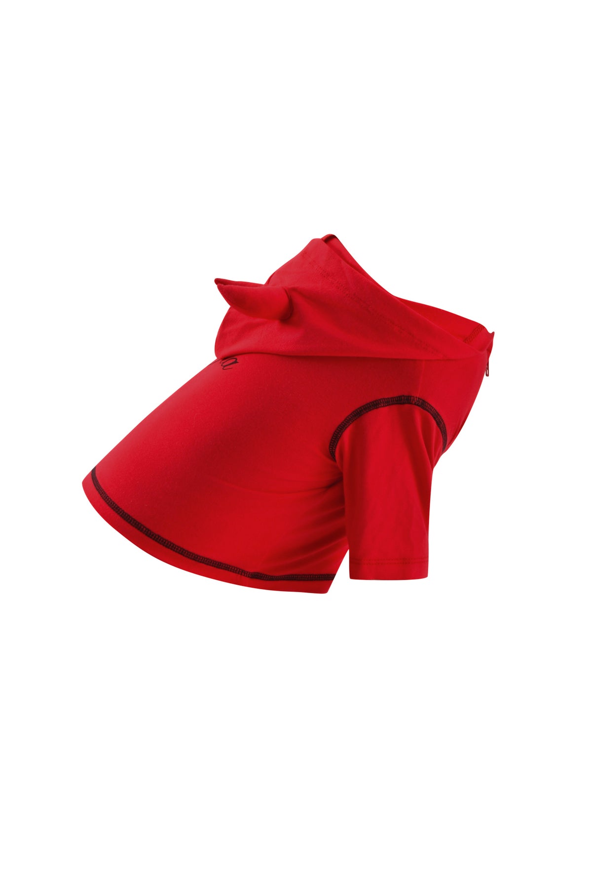 The T-REX BEST FRIEND BLARE HORN DOG HOODIE - RED by I.AM.GIA features bright red fabric, short sleeves, black stitching, and playful devil horn accents, shown on a white background.
