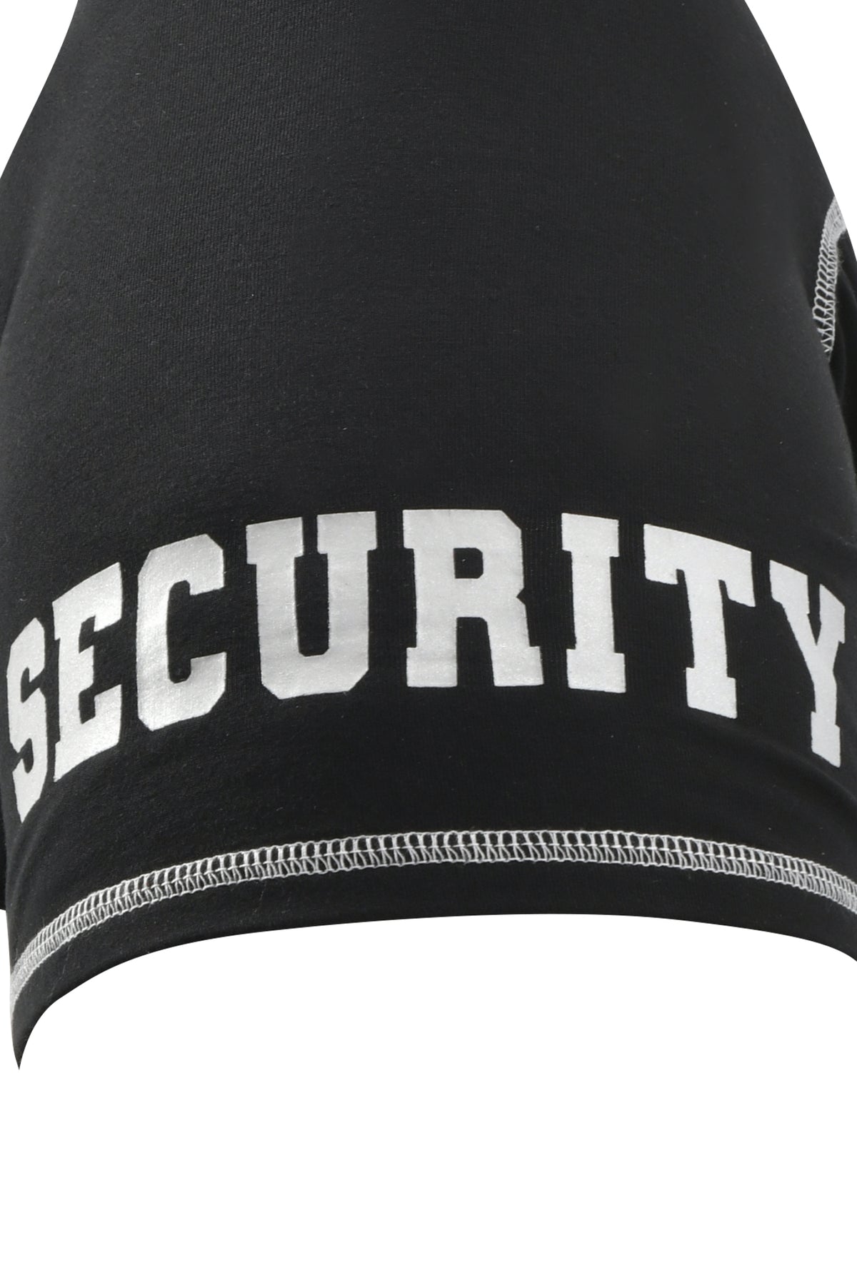 Close-up of the I.AM.GIA BLARE DOG HOODIE in jet black, featuring soft black fabric with “SECURITY” printed in bold white block letters along a hem detailed with white stitching.