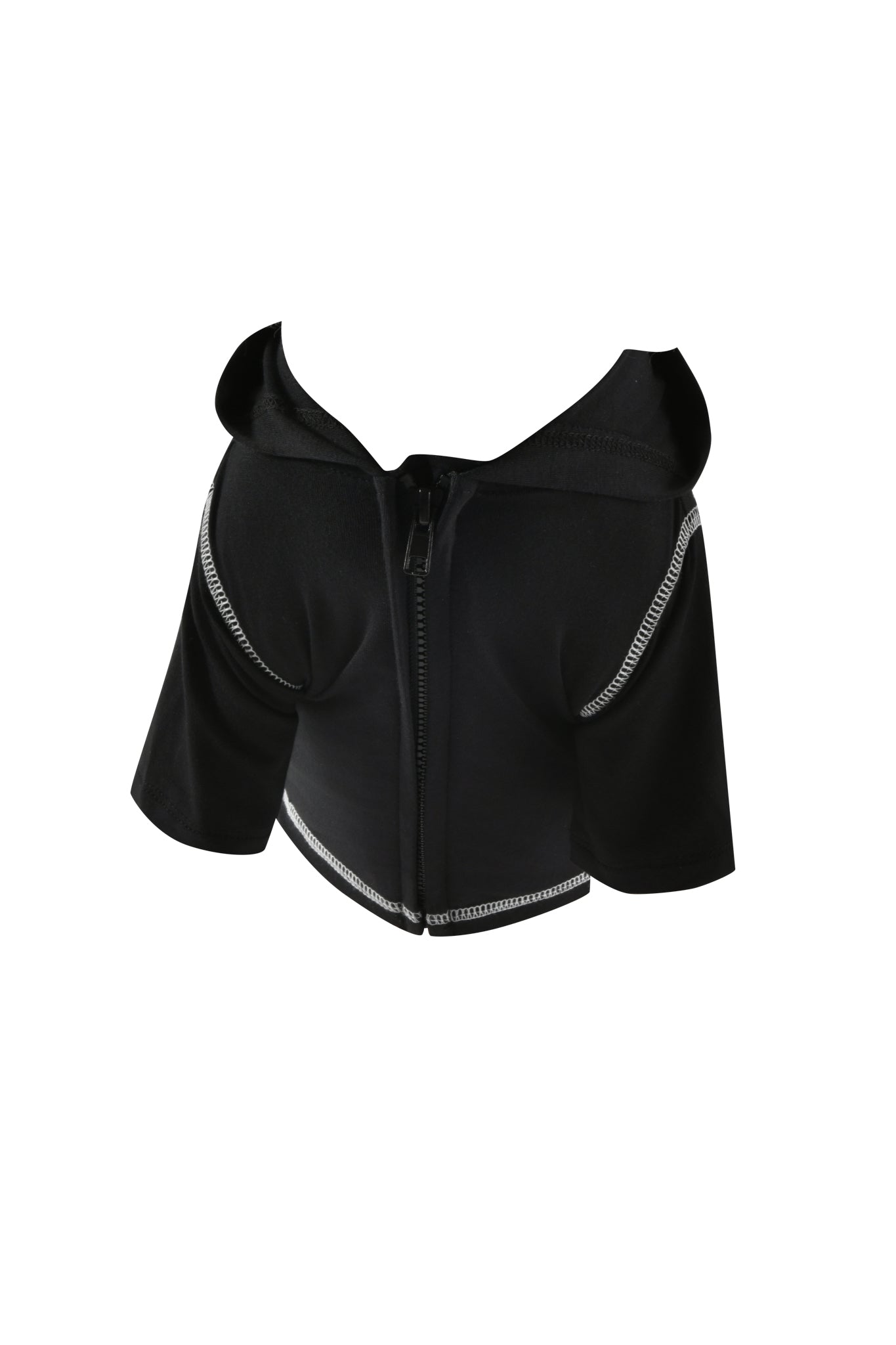 A jet black BLARE DOG HOODIE by I.AM.GIA, featuring short sleeves, white stitching accents, and a front zipper—displayed on a plain white background and designed with the same commitment to comfort and style as a soft dog sweater.