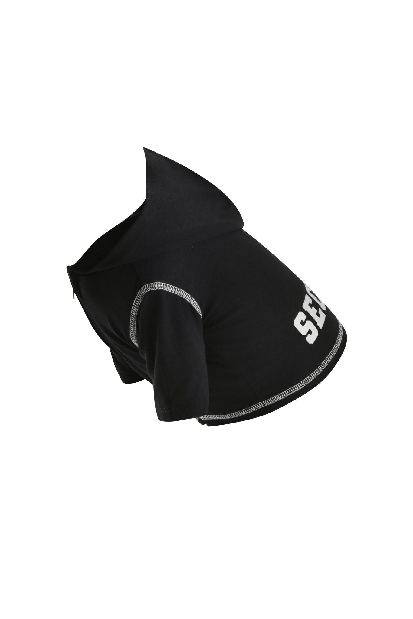 The I.AM.GIA BLARE DOG HOODIE - JET BLACK : SECURITY is a soft, stylish dog hoodie with a hood and white stitching. It features bold “SECURITY” lettering along the side, providing comfort and standout style for your pet.