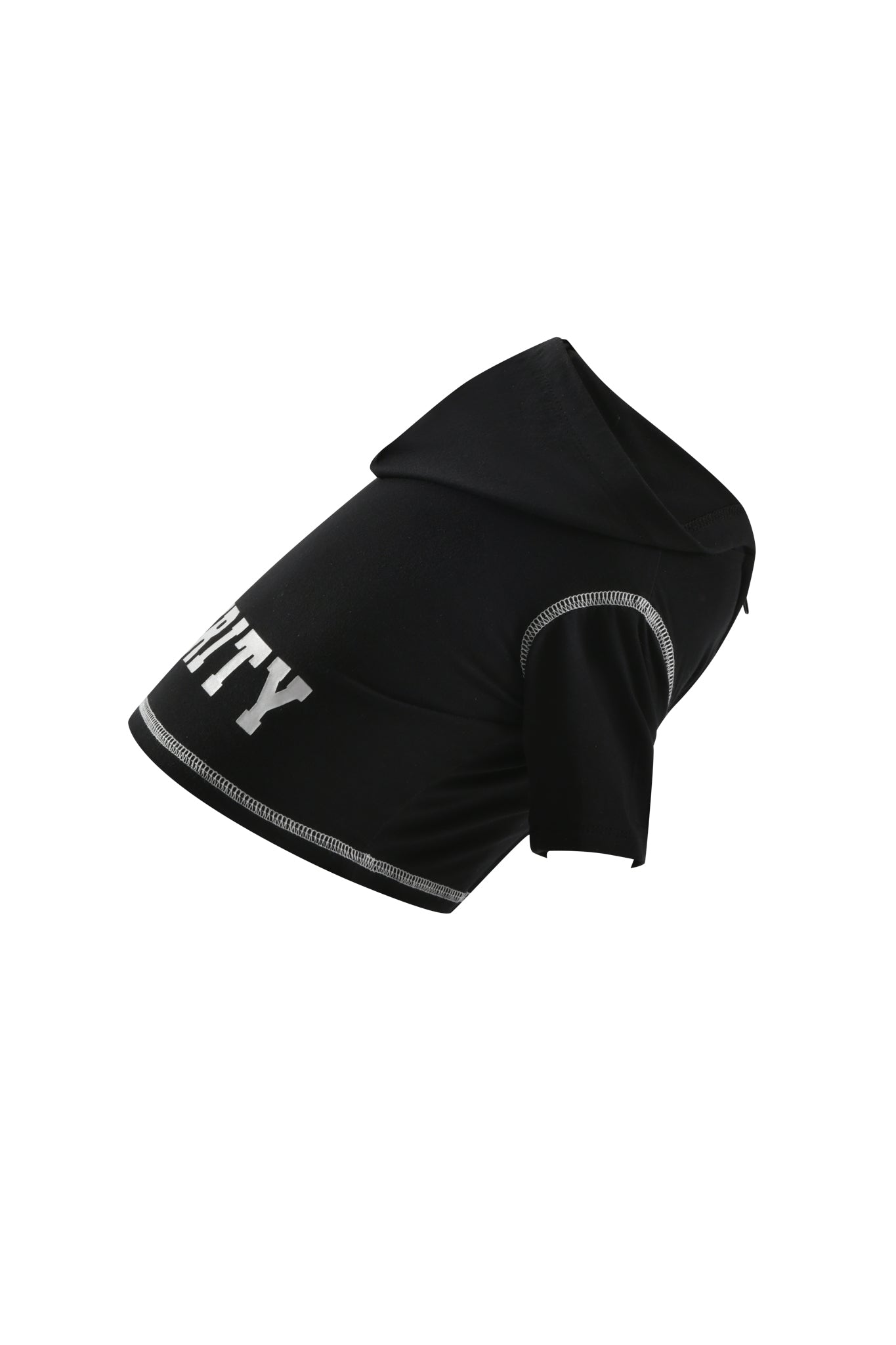 The BLARE DOG HOODIE - JET BLACK : SECURITY by I.AM.GIA is a black reflective dog hoodie featuring white stitching and “SECURITY” printed in bold white letters on the back, shown against a plain white background.