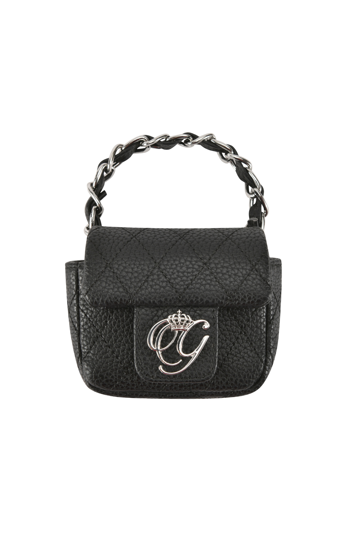 I.AM.GIA CARRIE ANKLET PURSE - BLACK: a small black faux leather quilted handbag featuring a silver anklet chain handle and a silver crown-topped logo emblem on the front flap.