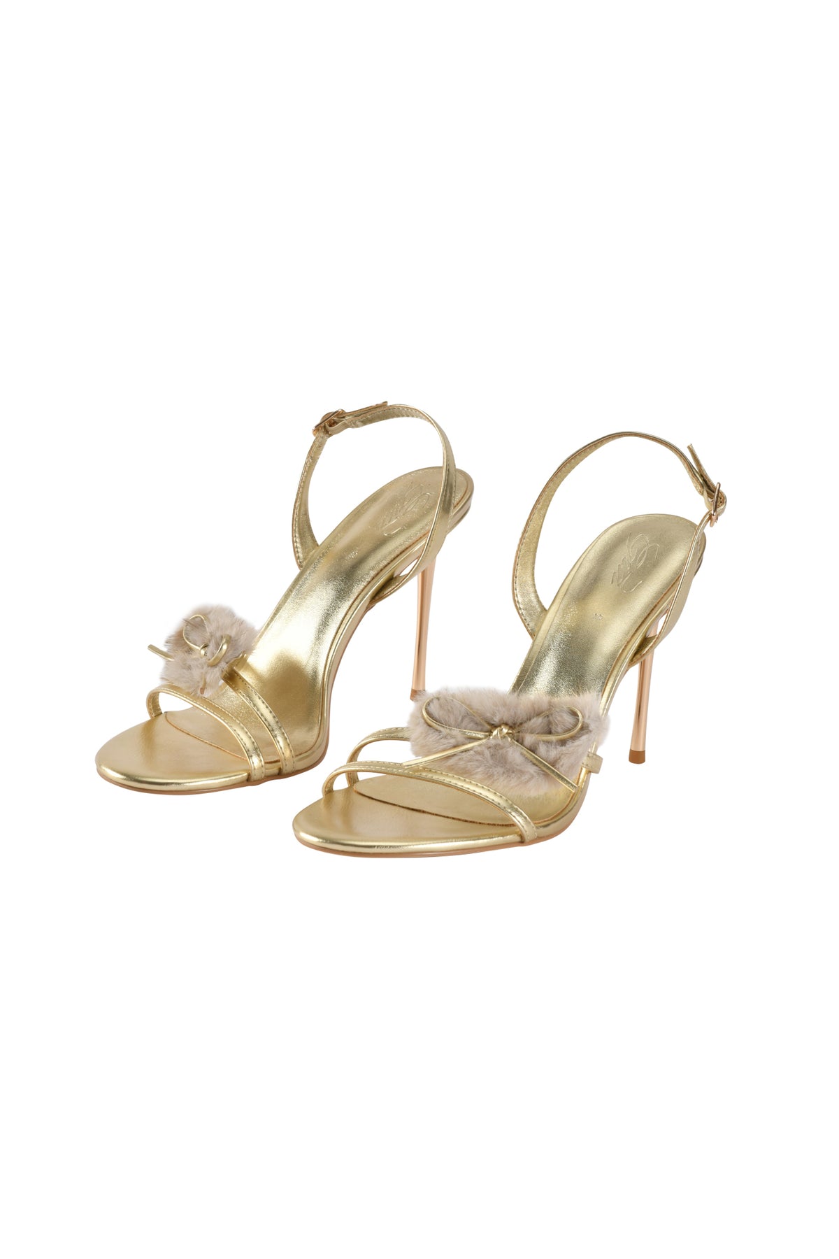 AURA SLINGBACK FAUX FUR HEEL - GOLD pair of metallic gold slingback heels featuring a stiletto silhouette and a plush faux fur toe strap.