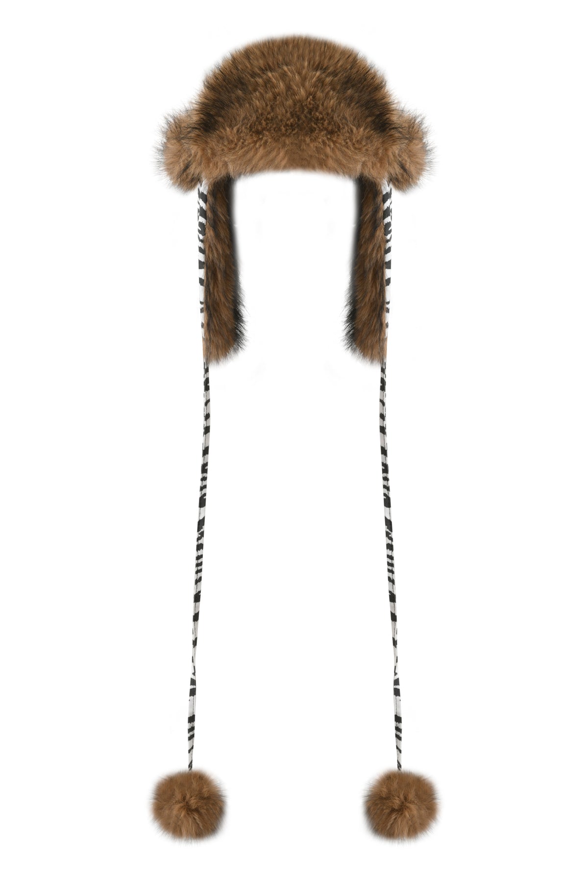 I.AM.GIA YVL FUR TRAPPER HAT - ZEBRA featuring ear flaps and hanging ties tipped with fur pom-poms.