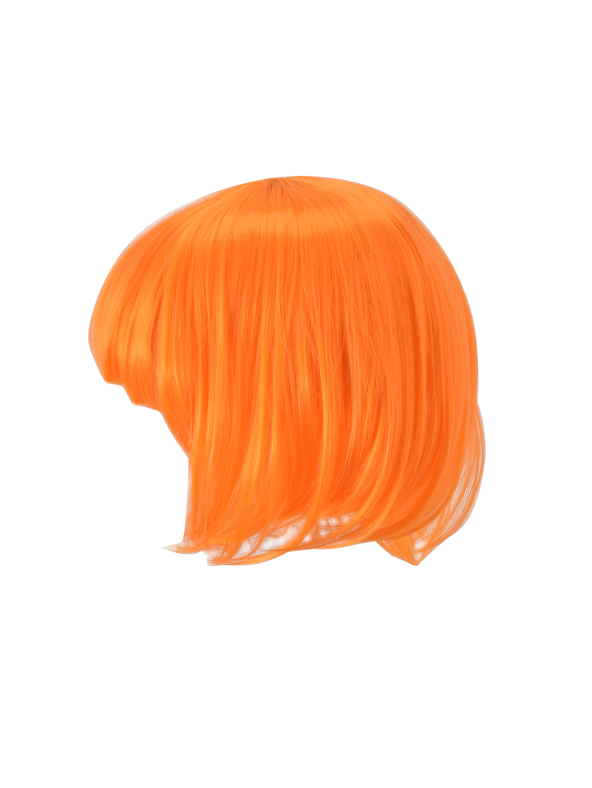 The QUINTA WIG - ORANGE by I.AM.GIA is a vibrant, chin-length synthetic wig featuring straight, bright orange hair with blunt bangs. Displayed against a plain white background, this eye-catching orange bob makes the perfect sci-fi costume accessory.
