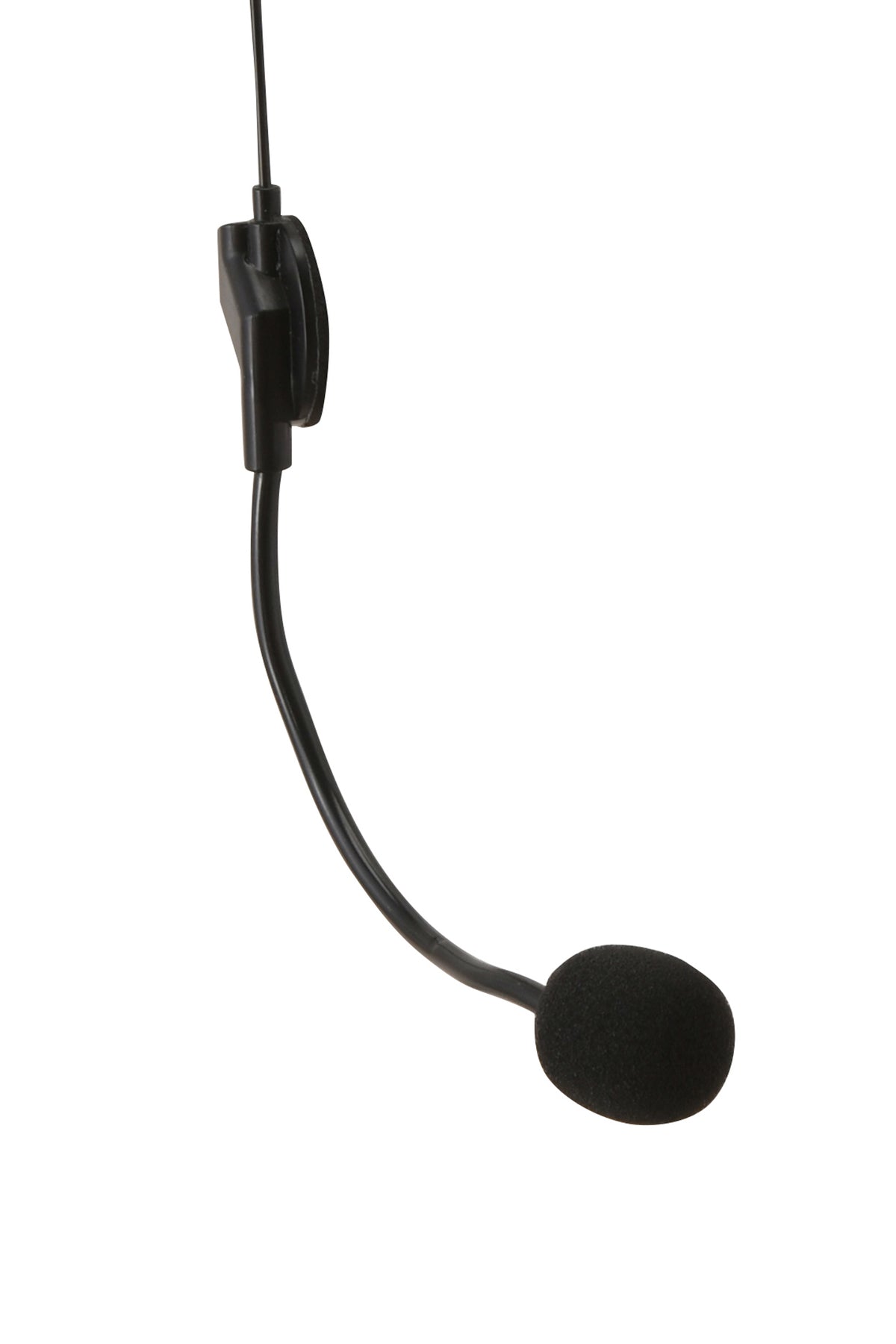A CHER HEADSET - BLACK by I.AM.GIA, featuring a flexible boom arm and a foam windscreen on the microphone, isolated on a white background.