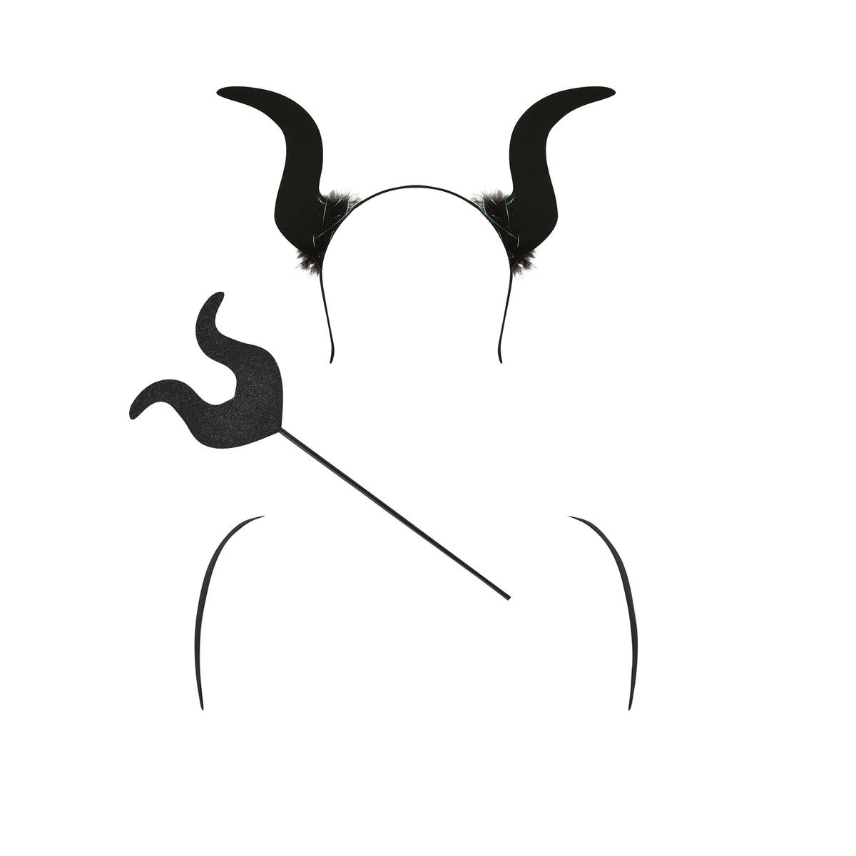 Minimalist outline of a person wearing black devil horns and holding a black trident, set against a white background. The face and body are undefined, placing emphasis on the KIARA DARK ANGEL WINGS SET - BLACK by I.AM.GIA—ideal for highlighting this Halloween accessory or complementing an angel devil costume.