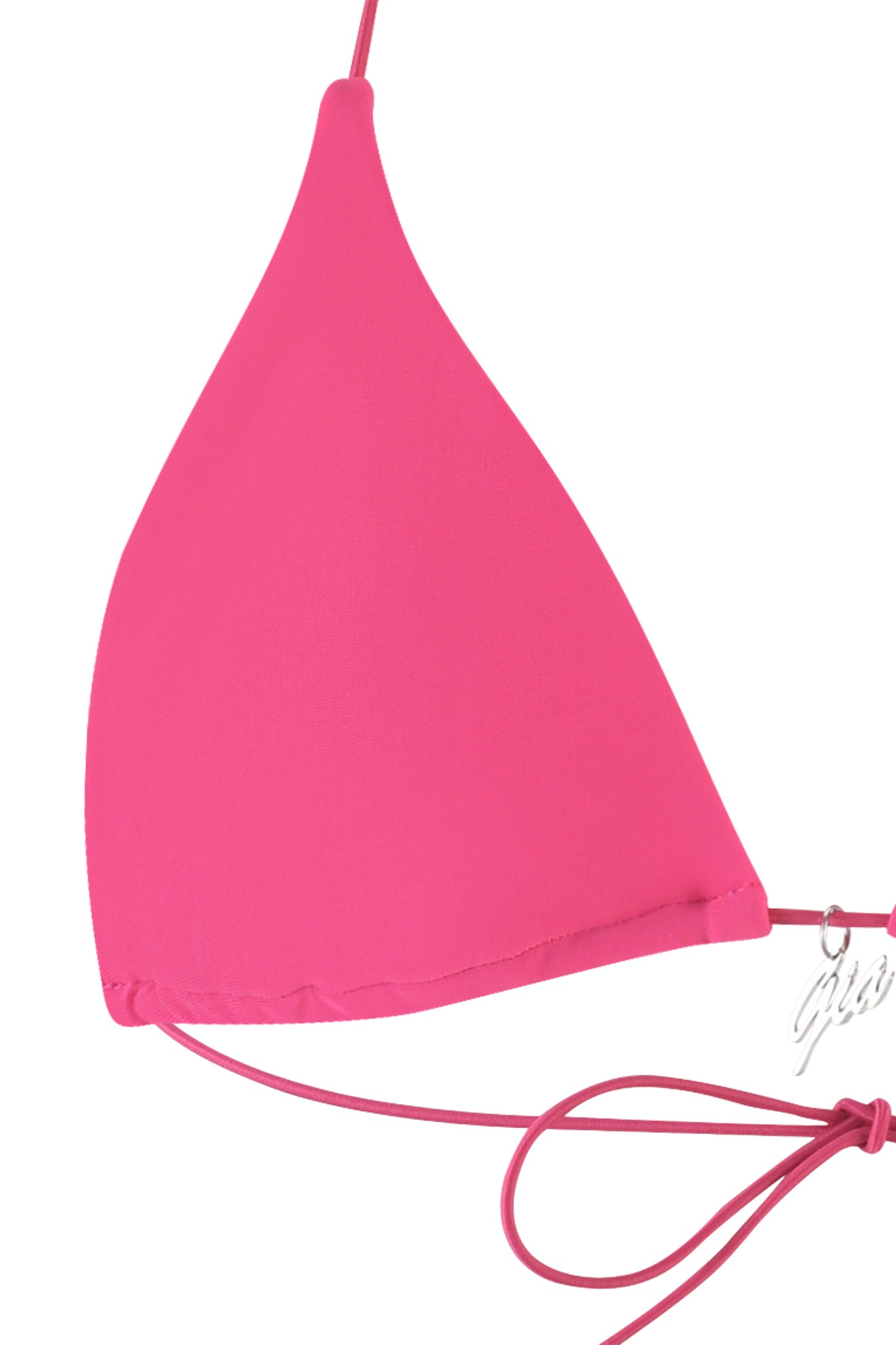A bright pink BAMBI BIKINI TOP - HOT PINK from I.AM.GIA with thin string ties at the sides and neck, featuring smooth fabric and a minimalist design. The image shows the bikini from a slightly tilted angle, highlighting its simplicity and vibrant color.