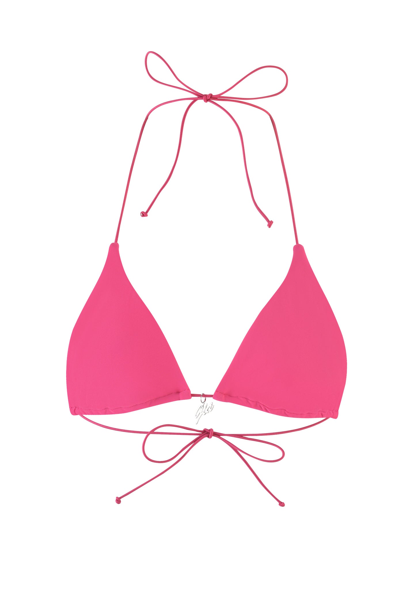 A vibrant hot pink Bambi Bikini Top from I.AM.GIA showcases a triangle design with string ties at the neck and back. The smooth fabric features a delicate metallic charm at the front center. This stylish top is presented against a plain white background.
