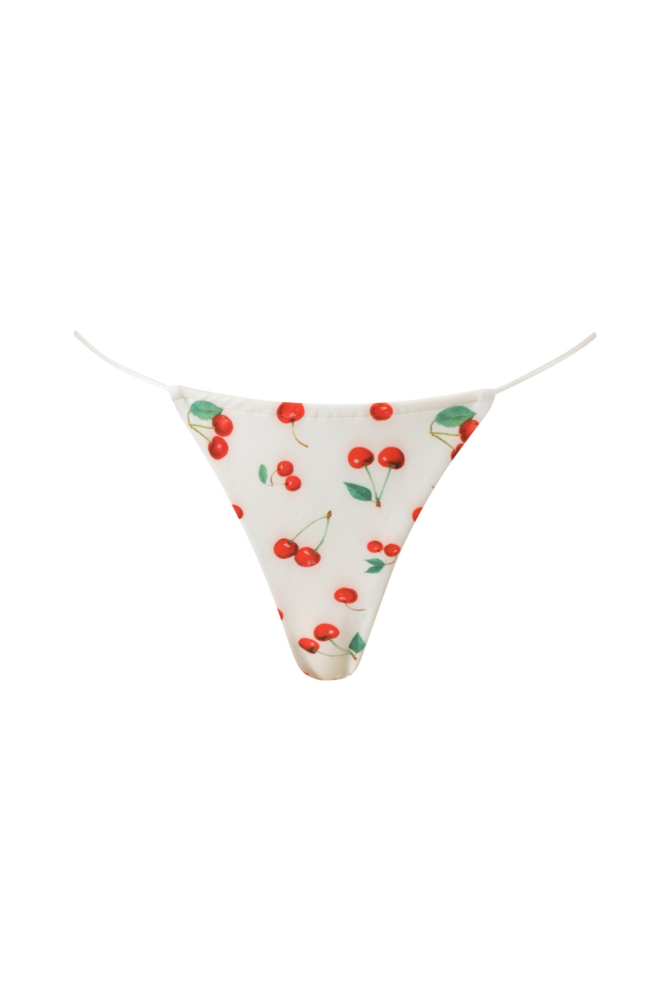 The I.AM.GIA BAMBI BIKINI BOTTOM - CHERRY ON TOP features cute red cherries and green leaves on white fabric with slim white side straps.