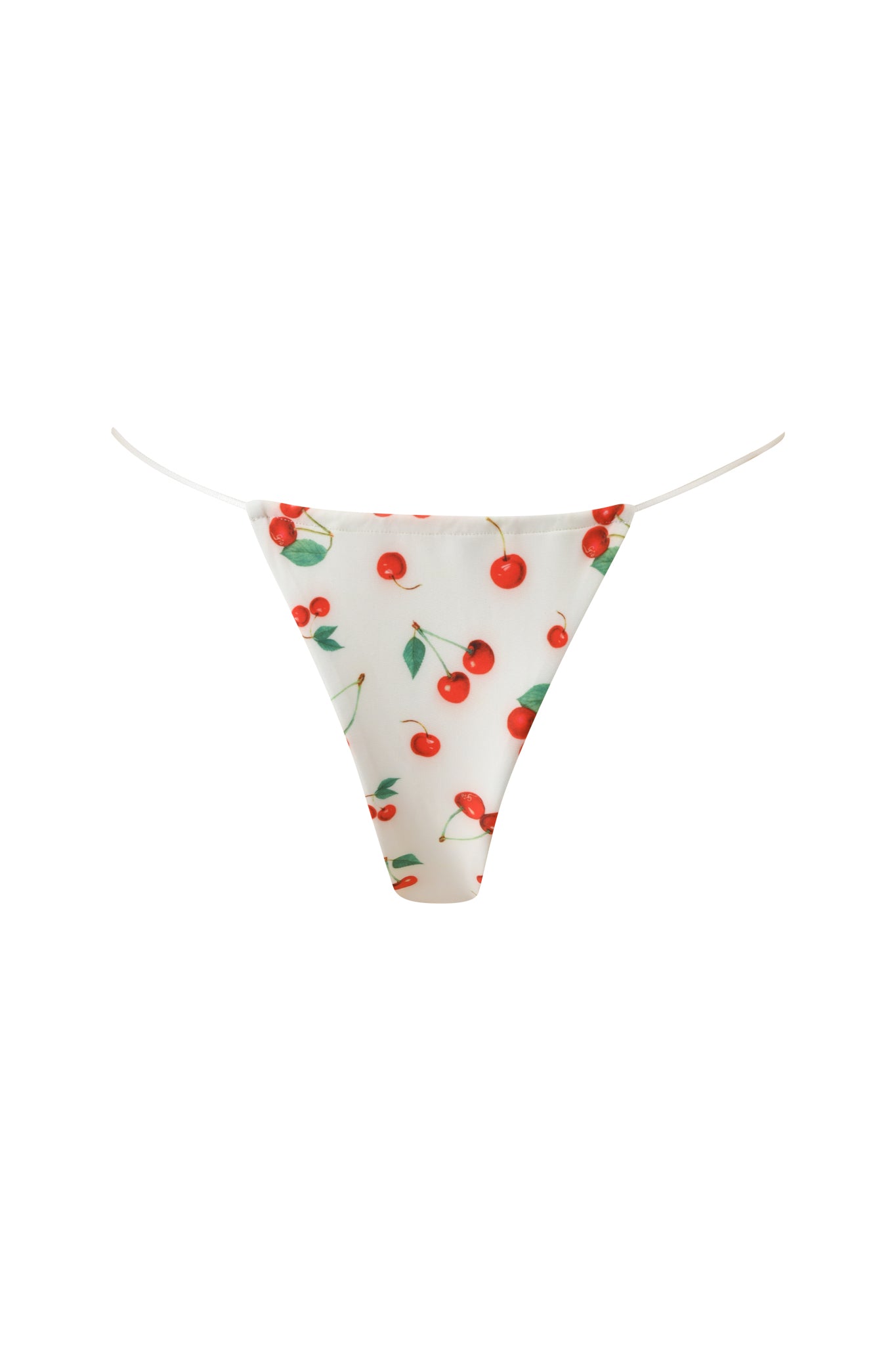 The BAMBI BIKINI BOTTOM - CHERRY ON TOP by I.AM.GIA features a white base with red cherry and green leaf print, thin white side straps, and a cheeky cut.