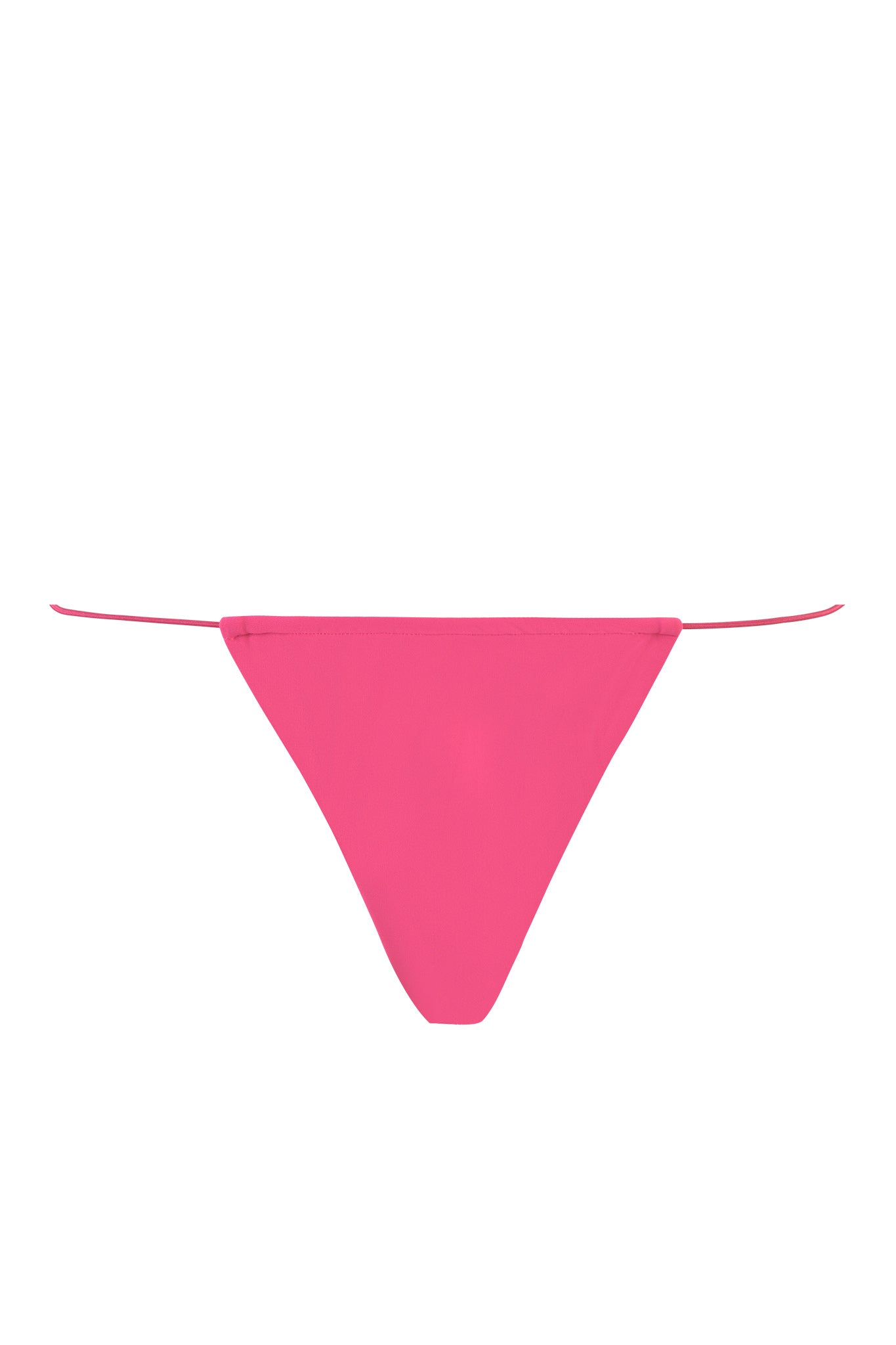 The BAMBI BIKINI BOTTOM - HOT PINK from I.AM.GIA features a bright pink hue with a simple, minimalistic design that includes string ties on both sides. Made from smooth material, this bikini bottom is crafted in a classic triangle shape, offering a bold and vibrant appearance.