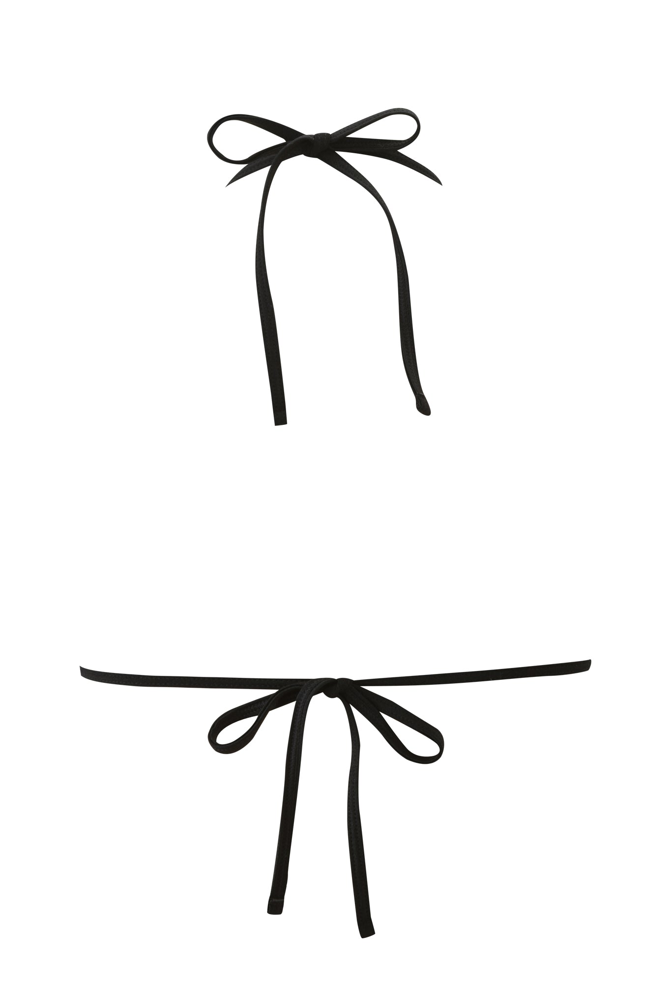 Two black ALOHI BIKINI TOP strings by I.AM.GIA are tied into neat bows—one at the top of the triangle top, one at the bottom—set against a plain white background.
