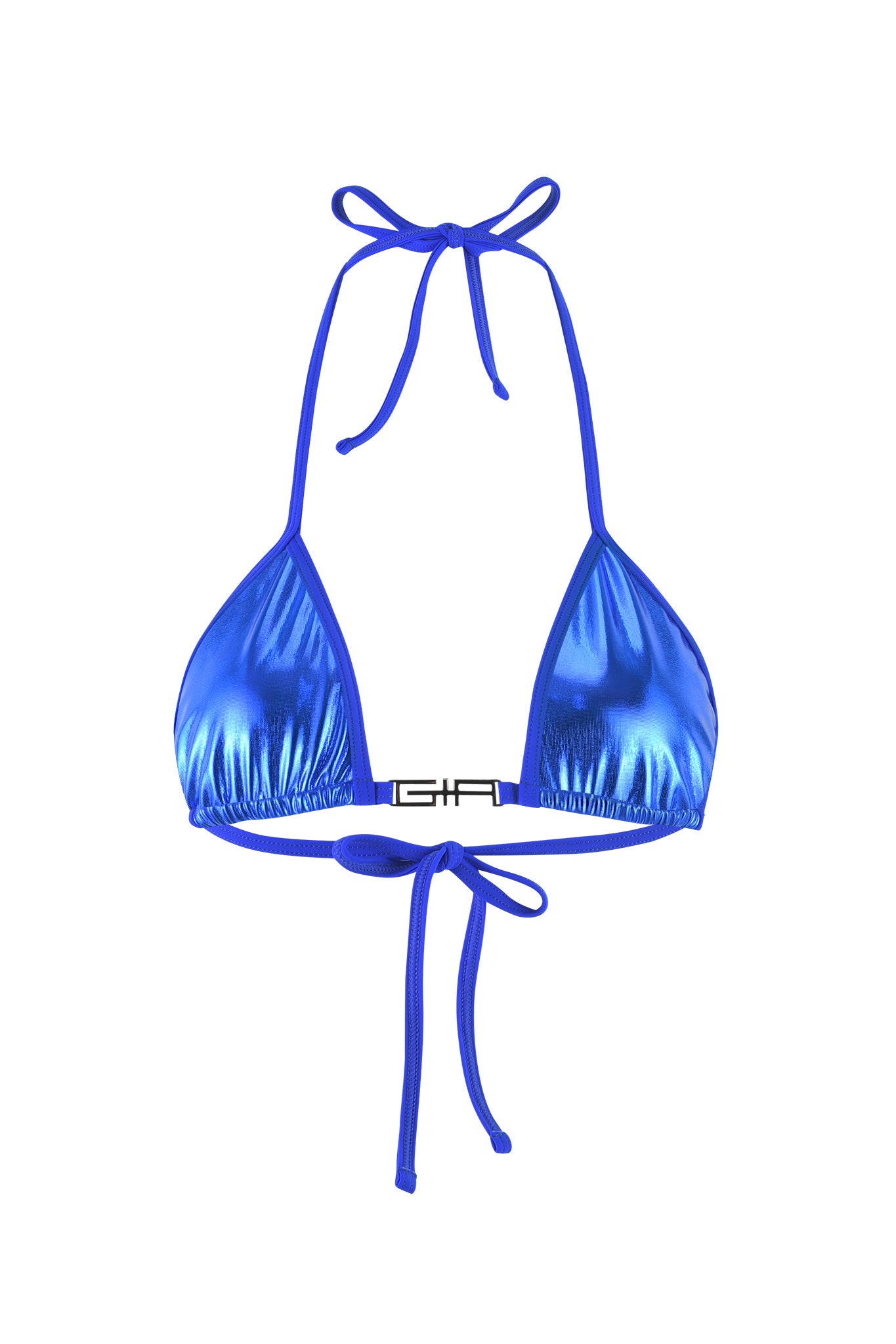 Image of the ALOHI BIKINI TOP - BLUE in cobalt blue by I.AM.GIA. The true-tie halter neck and back ties ensure a secure fit, while a small metal accent piece highlights the bust. The metallic fabric adds a shiny, reflective finish for an eye-catching look with its thin straps.