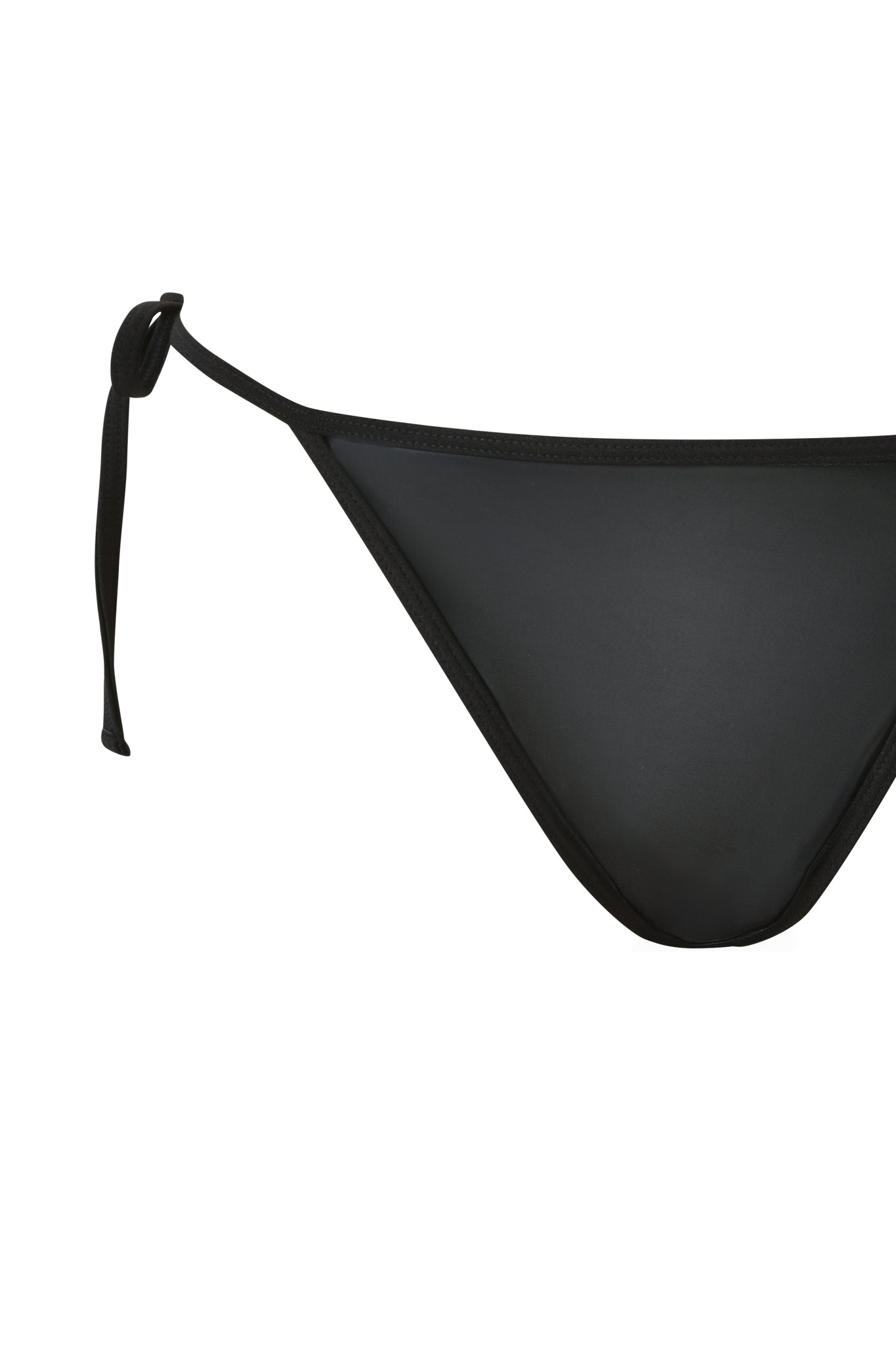 A close-up shows the I.AM.GIA ALOHI BIKINI BOTTOM - BLACK, a cheeky, side-tie bikini bottom in black metallic, against a white background with only one side and the front portion visible.
