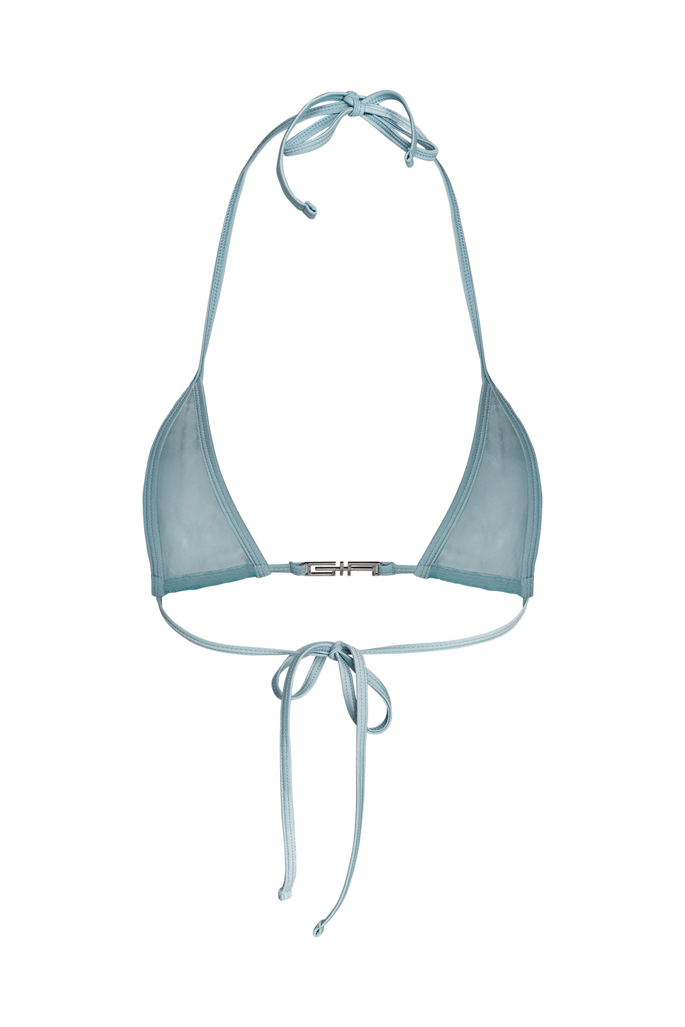 The ALOHI BIKINI TOP - BLUE by I.AM.GIA features a light blue string bikini design with halter neck ties and a back tie closure. The minimalist cups are free from padding and underwire, and the material is slightly sheer, highlighting a small silver clasp detail at the center of the chest.