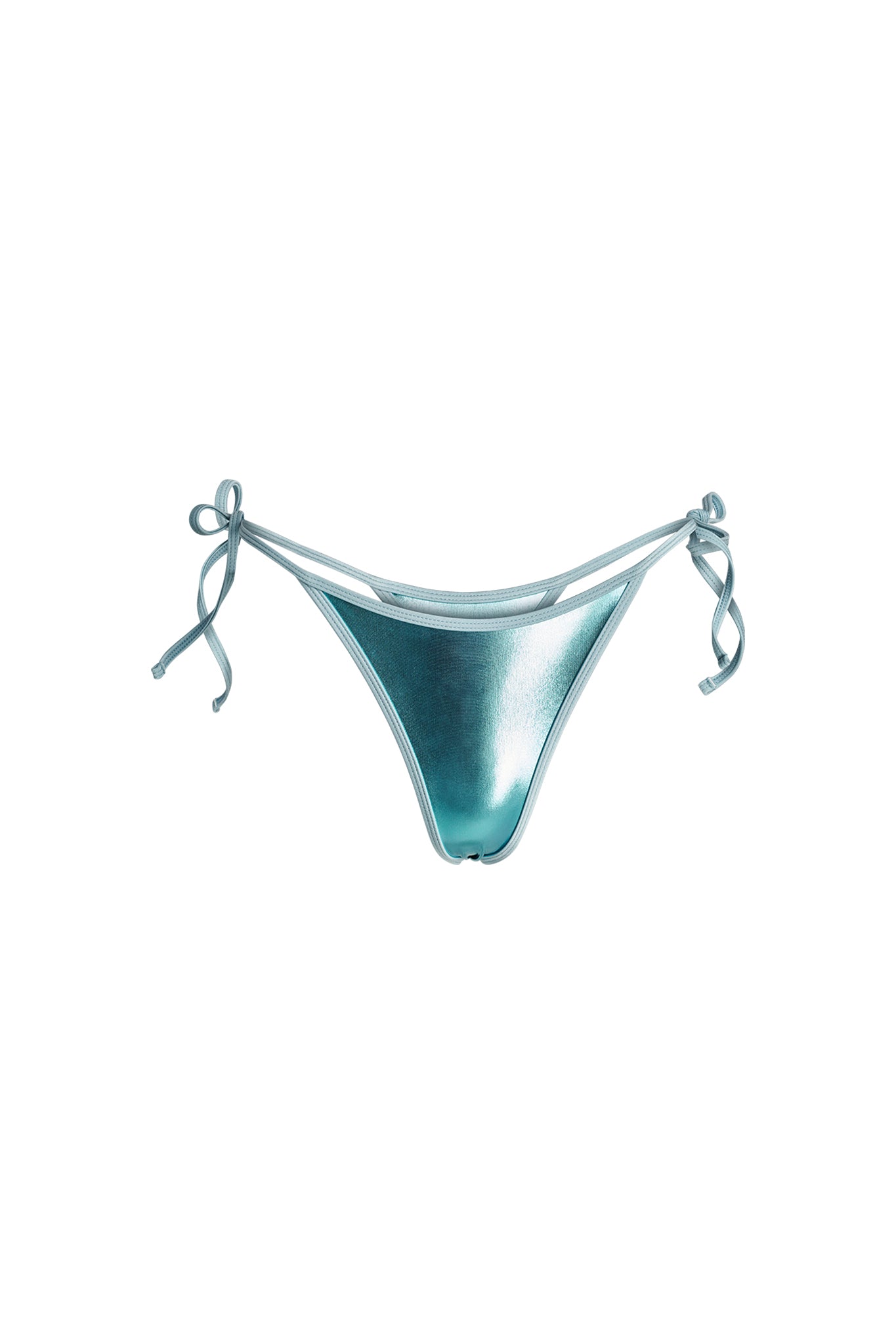 The ALOHI BIKINI BOTTOM - BLUE from I.AM.GIA is centered against a plain white background, featuring a light blue hue with a metallic sheen. It has thin side ties, each tied into small bows.
