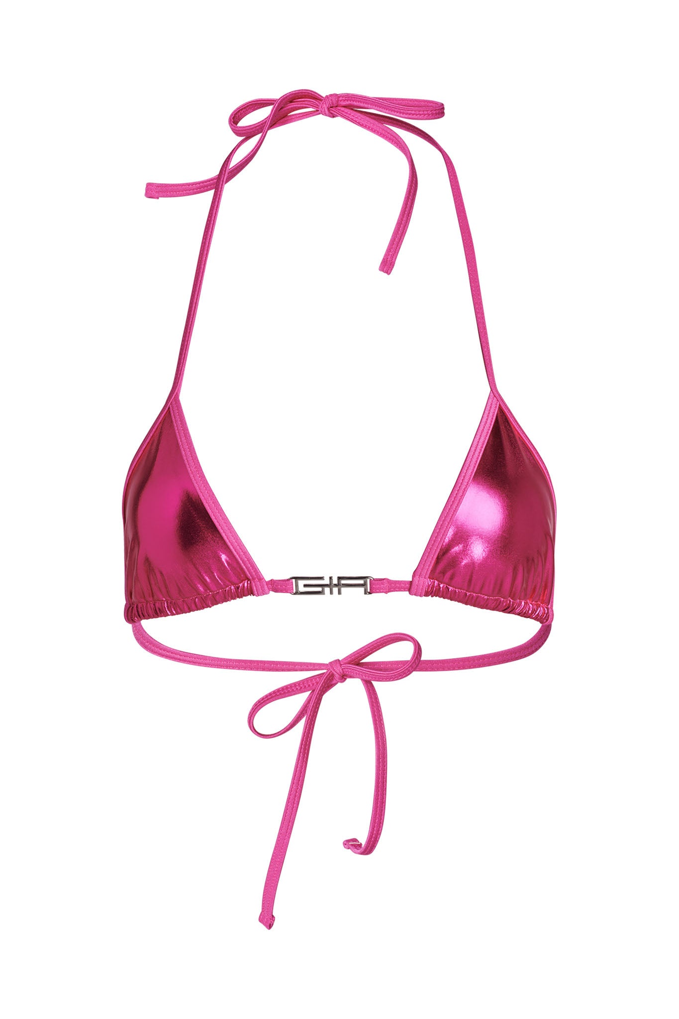 The ALOHI BIKINI TOP - PINK in Hot Pink by I.AM.GIA is a shiny, metallic pink bikini top featuring a halter neck tie and back tie. The thin straps and triangular cups are accented with a small metallic clasp at the center of the chest, embodying the bold style of I.AM.GIA.