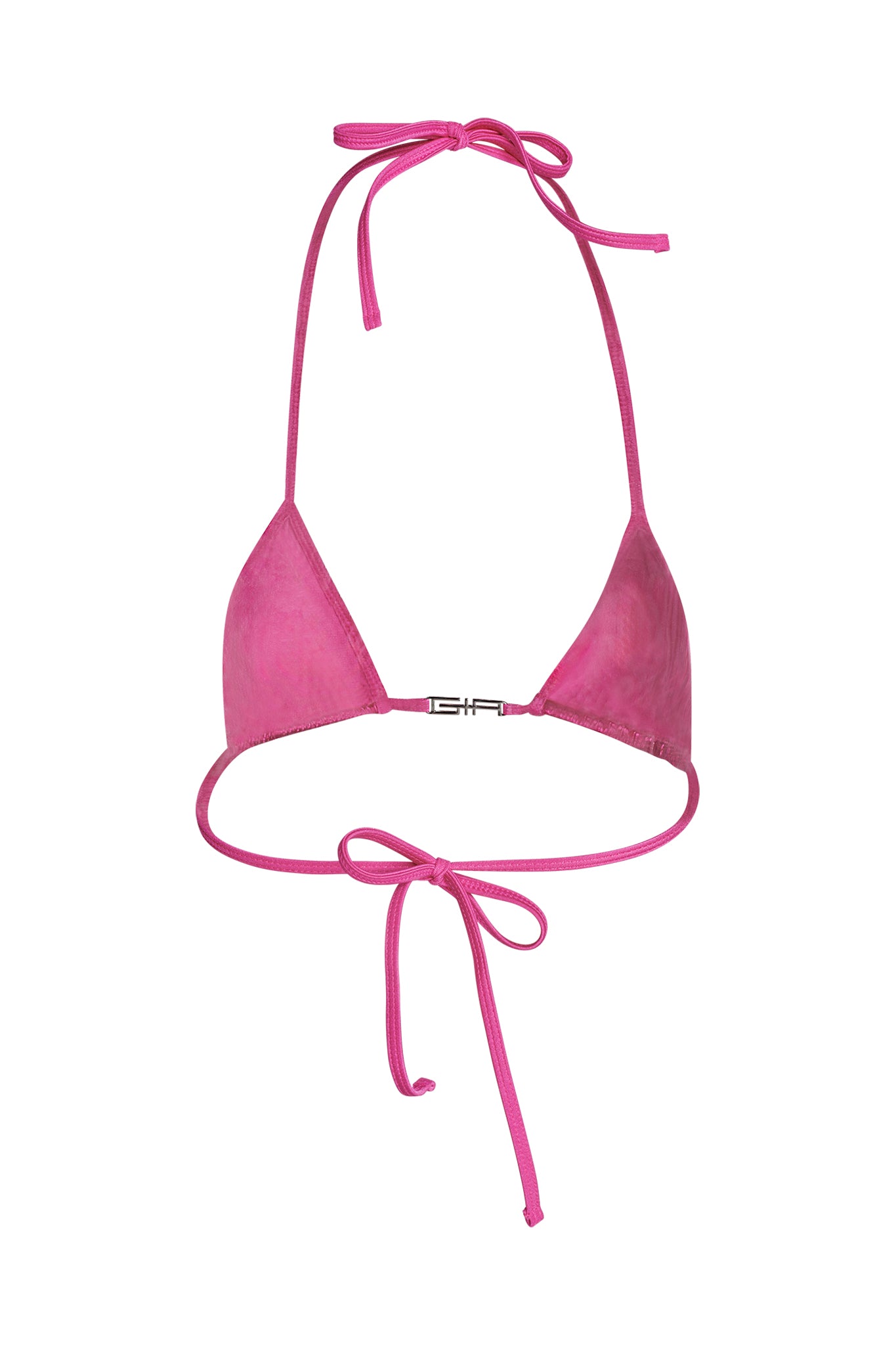 The ALOHI BIKINI TOP - HOT PINK by I.AM.GIA features delicate ties at the neck and back. The smooth, vibrant fabric and adjustable ties ensure a secure fit.
