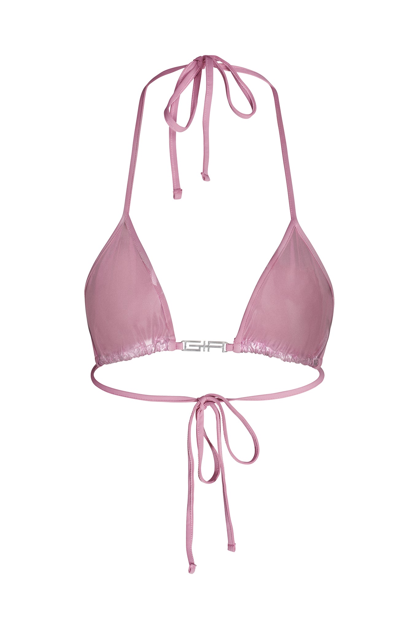 The ALOHI BIKINI TOP - PINK by I.AM.GIA features sheer triangle cups, thin string ties for the neck and back, a small front clasp, and delicate ruffled edging along the bottom of each cup.