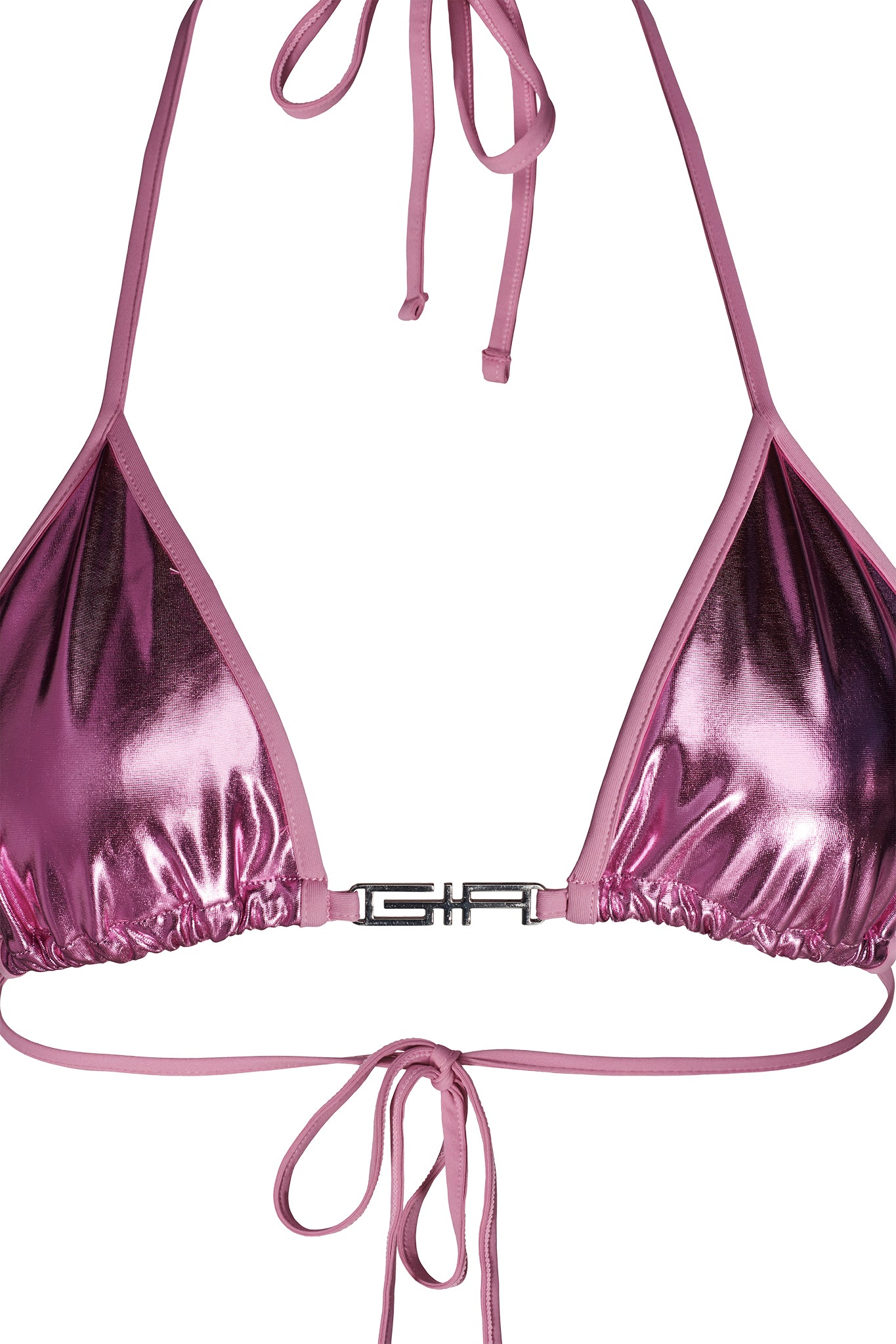 The ALOHI BIKINI TOP - PINK from I.AM.GIA features a metallic pink design with triangular cups, thin straps that tie around the neck, and an adjustable string that ties around the back. The shiny, reflective fabric and metallic clasp at the front center add to its chic appearance.