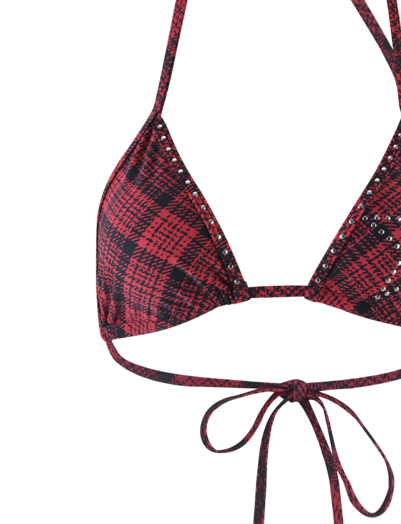 The MARTINA BIKINI TOP - RED PLAID from I.AM.GIA is a red and black plaid halter bikini top, adorned with studded embellishments and featuring a tie closure at the back.