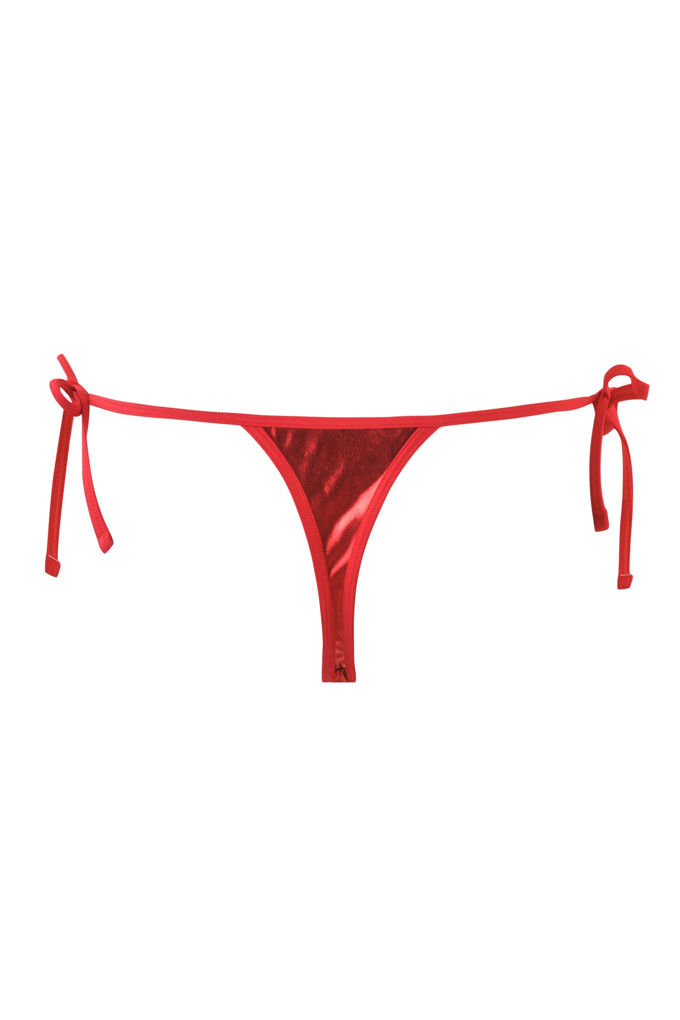 An ALOHI BIKINI BOTTOM - RED from I.AM.GIA is displayed. The bikini bottom features thin side ties for an adjustable fit and a smooth, glossy appearance. The background is plain white.