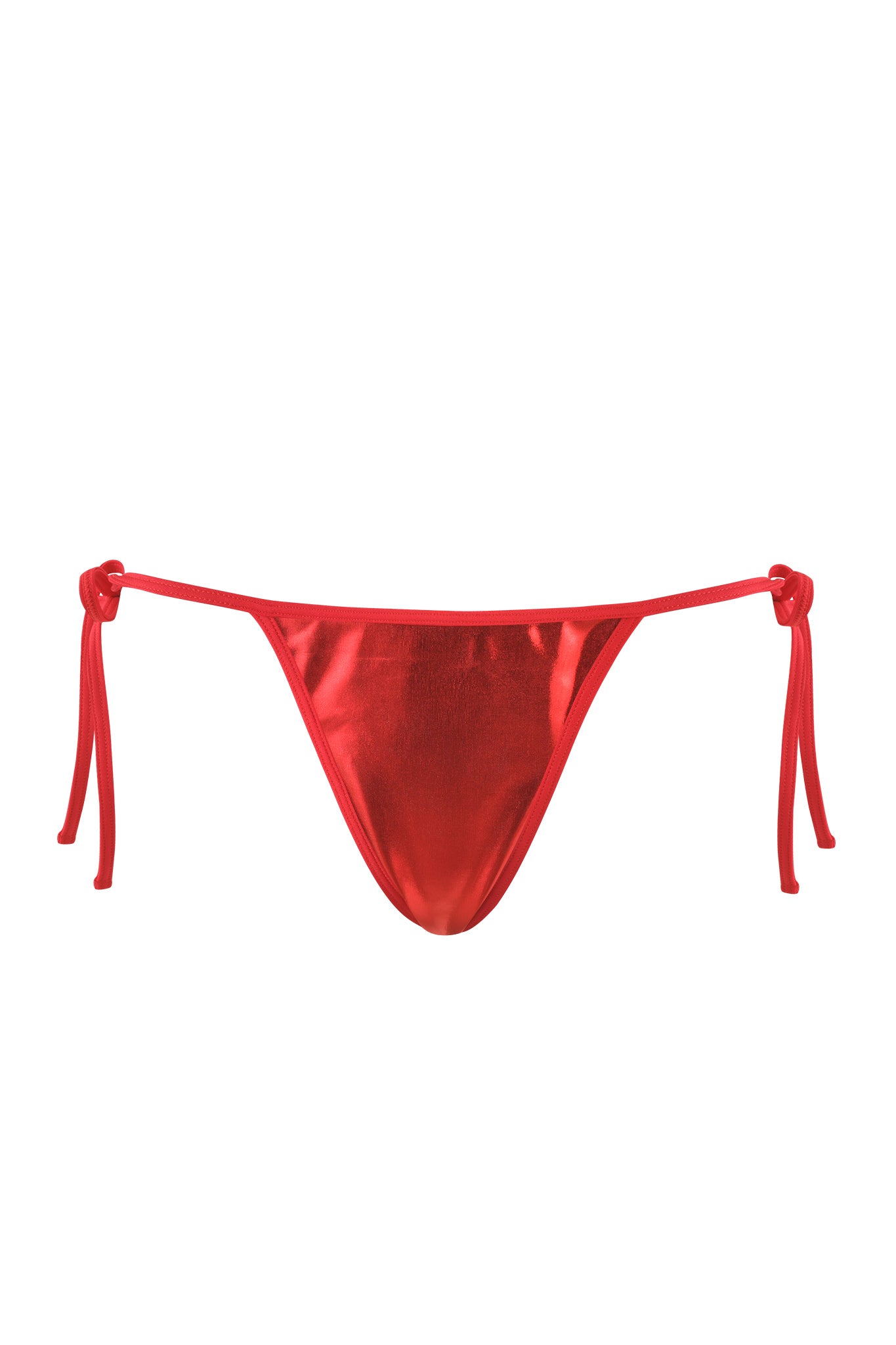 ALOHI BIKINI BOTTOM - RED by I.AM.GIA features a shiny and reflective material with two side ties and a minimal coverage design.