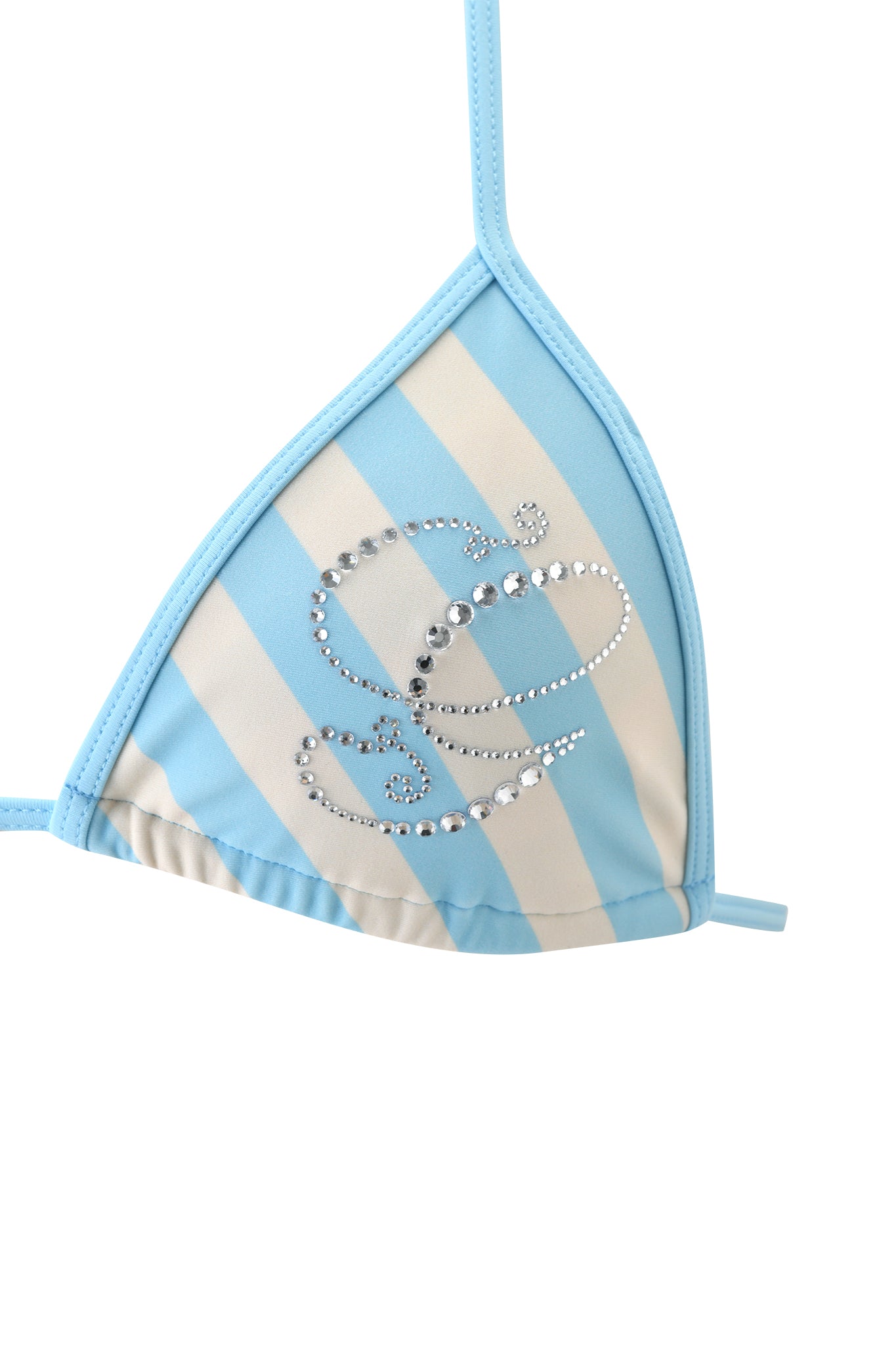 Close-up of the CORDELIA BIKINI TOP - BLUE STRIPE by I.AM.GIA, featuring slinky swim fabric with rhinestone embellishments forming a decorative pattern over the blue and white stripes.