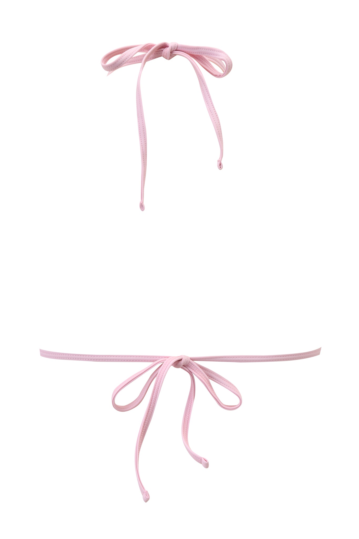 Light pink strings, styled as the top and bottom straps of a triangle bikini top, resemble the CORDELIA BIKINI TOP - SNAKE by I.AM.GIA, set against a crisp white backdrop.