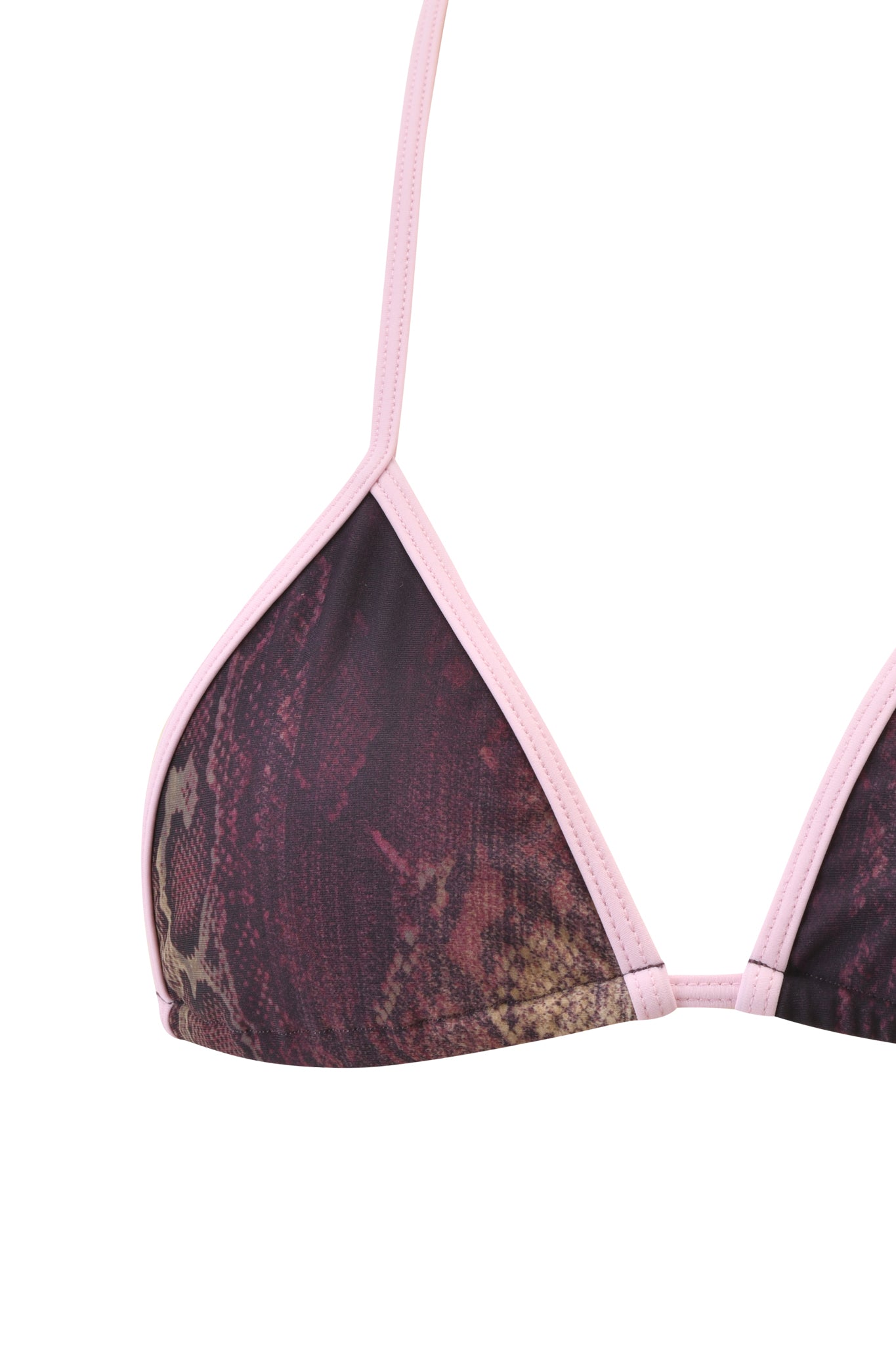 A close-up of the I.AM.GIA CORDELIA BIKINI TOP - SNAKE, a triangle bikini top with thin pink straps, a pink border, and brown and pink snake print fabric.