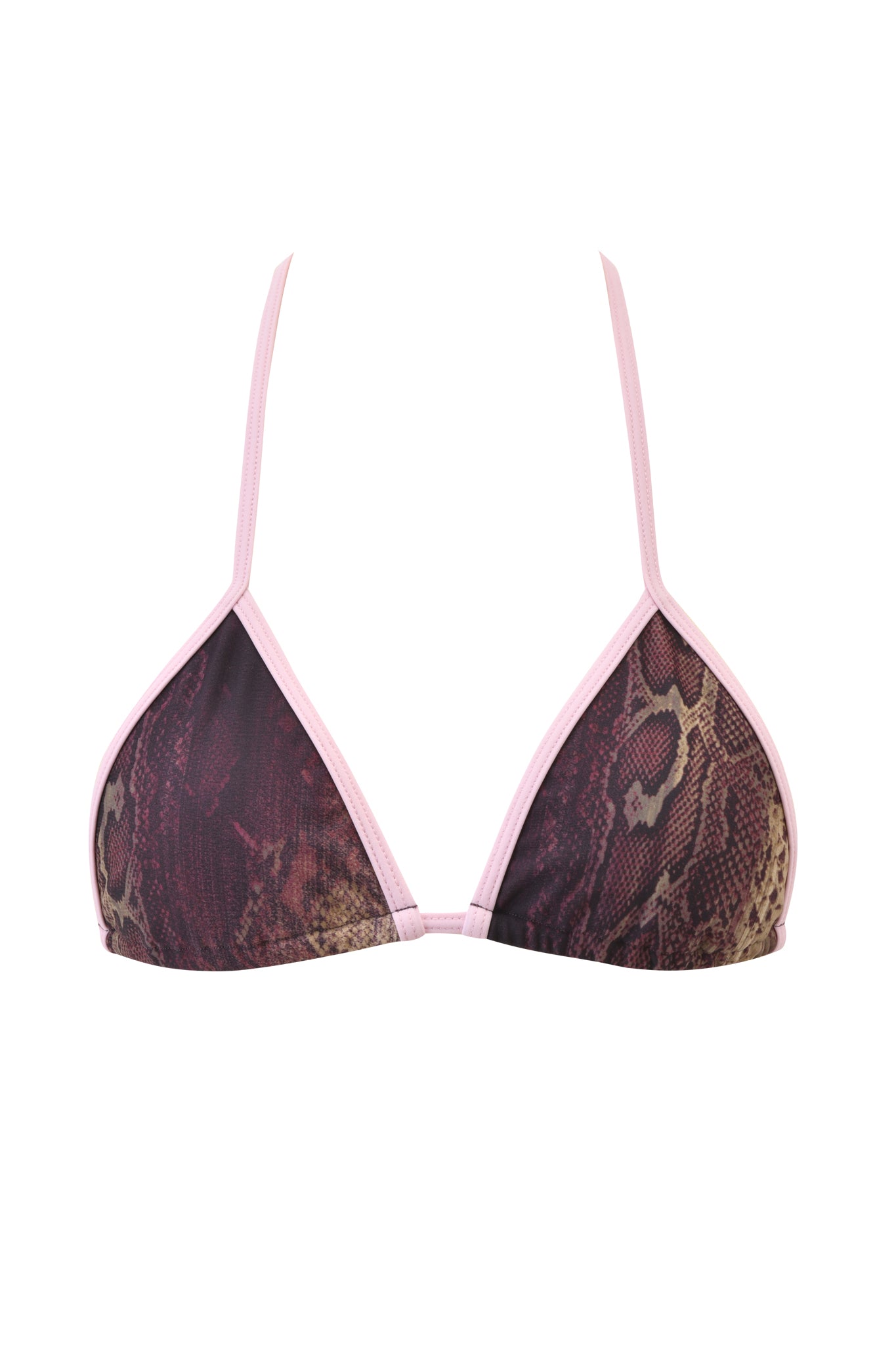 The CORDELIA BIKINI TOP - SNAKE by I.AM.GIA is a triangle bikini top with a brown and tan snake print, highlighted by thin light pink straps and edges, shown on a plain white background.