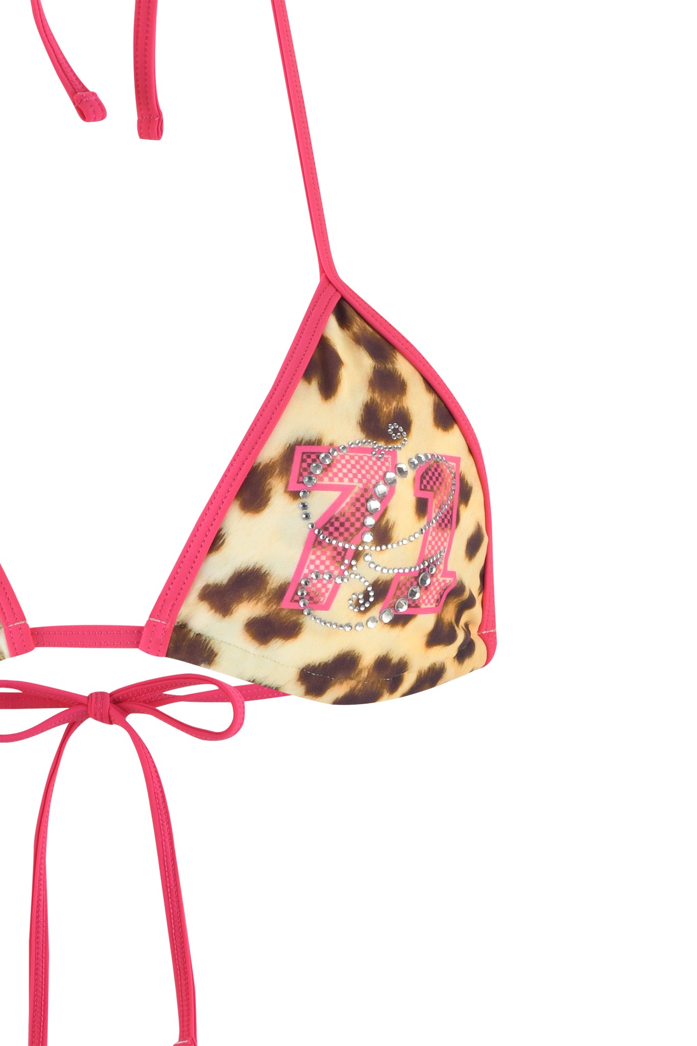 The CORDELIA BIKINI TOP - NEUTRAL : LEOPARD : WILDCARD by I.AM.GIA features a custom leopard print pattern with pink trim. This bodycon fit bikini top is adorned with a sparkly pink applique of the number "7" followed by a rhinestone-studded "1," and straps tied into a bow at the bottom.