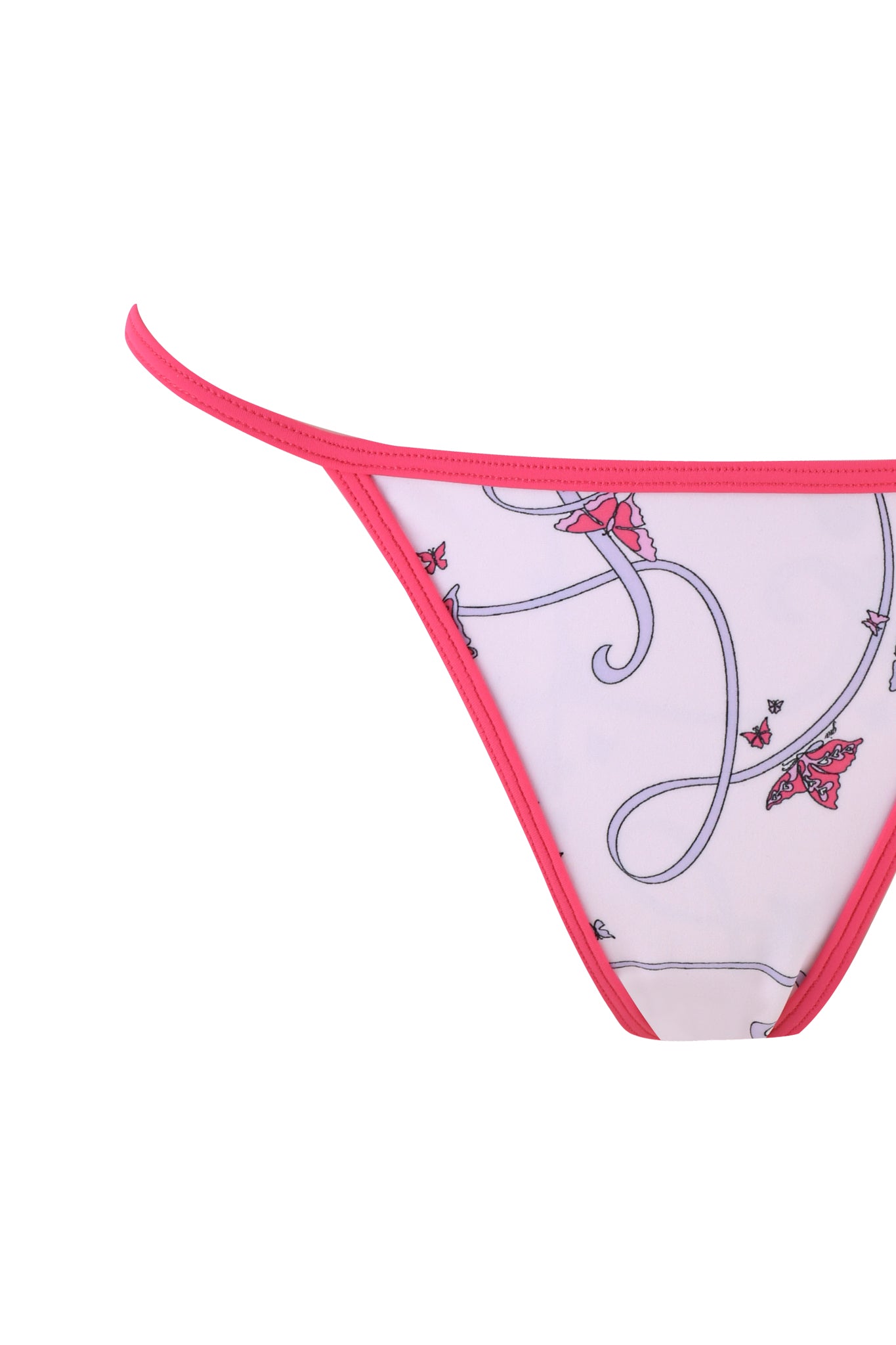 The Cordelia Bikini Bottom by I.AM.GIA highlights a bodycon silhouette with a pink trim on white fabric, adorned with decorative butterfly ribbon prints interwoven with elegant vine patterns.