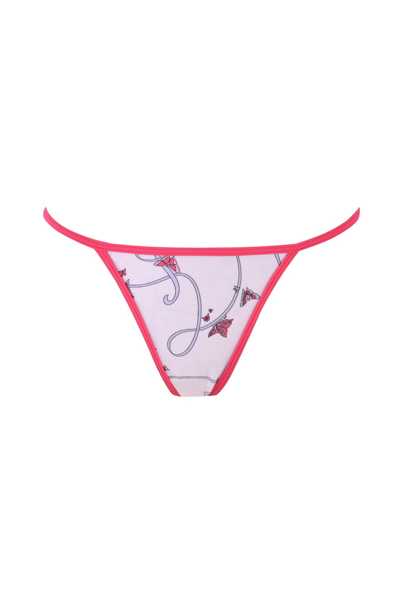 I.AM.GIA's CORDELIA BIKINI BOTTOM in pink features a sheer white design with bright pink trim, swirling lines, and small red flowers reminiscent of a butterfly ribbon print.