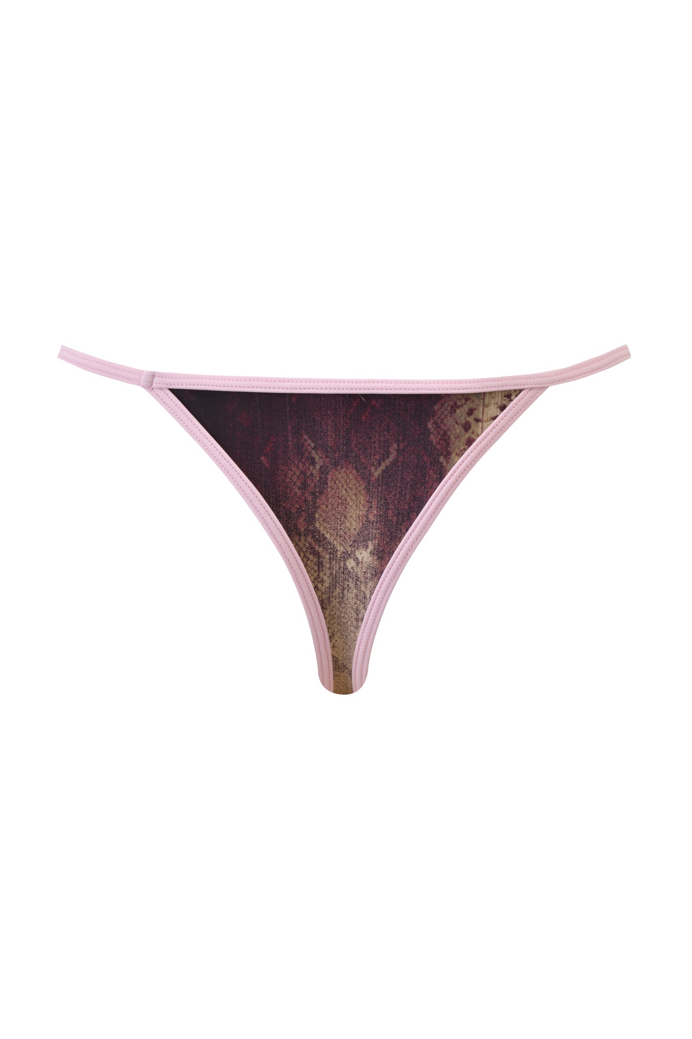The CORDELIA BIKINI BOTTOM - SNAKE by I.AM.GIA showcases a dark snake print with light pink trim, displayed against a white background.