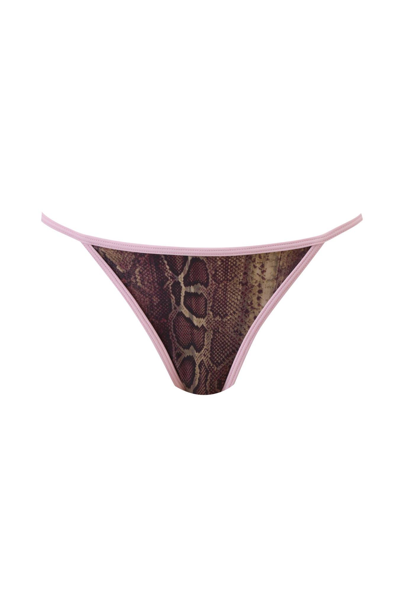 The CORDELIA BIKINI BOTTOM - SNAKE by I.AM.GIA features thin pink straps and a central panel in a bold brown snake print design.