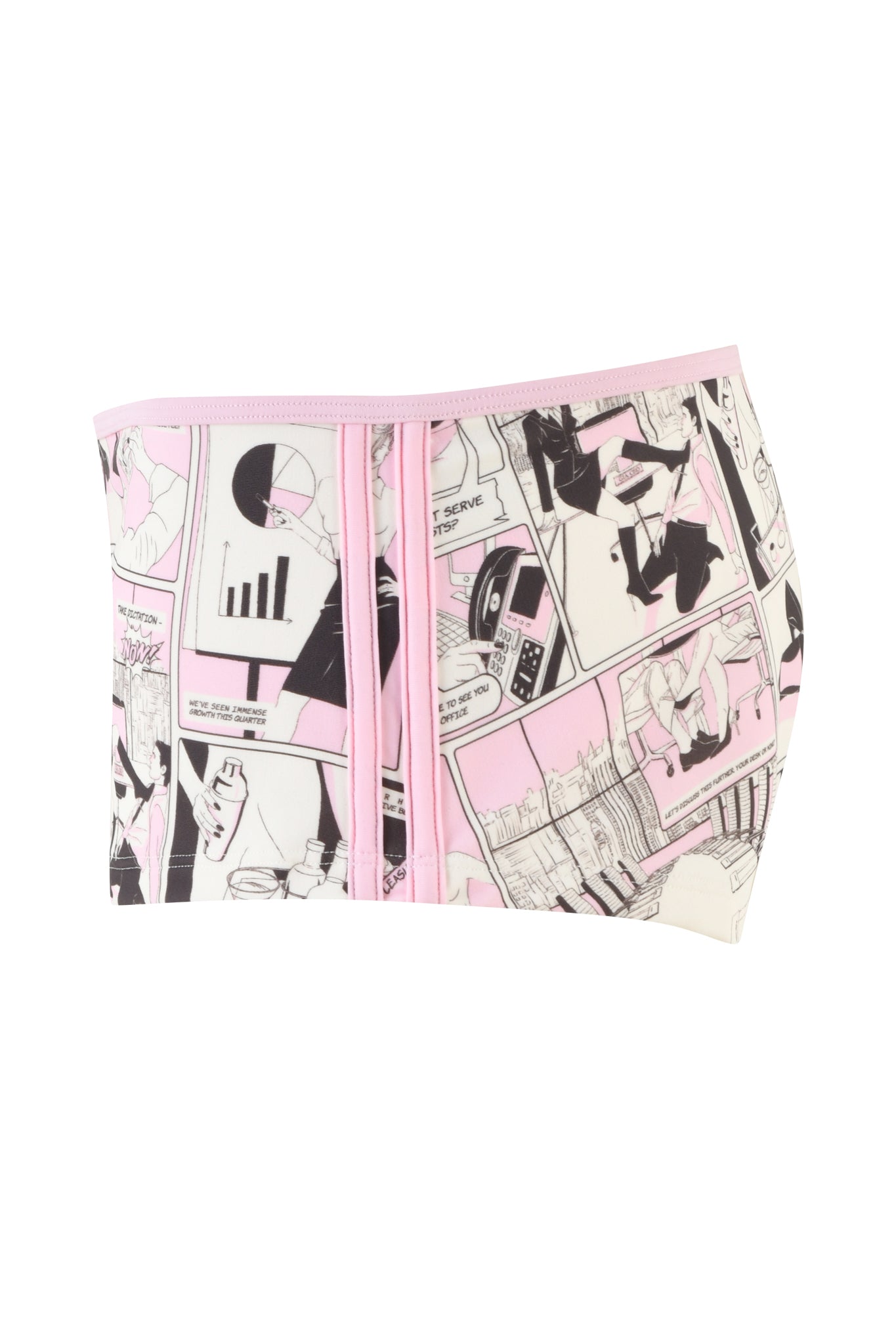The I.AM.GIA JOANNE SHORT - PINK : DIGITAL: COMIC PRINT waist trainer corset features a striking comic book print in black and white with pink accents, incorporating various comic panels and graphics. With a hook and eye front closure and pink edging, this corset pairs perfectly with Joanne Short's micro mini hot shorts.