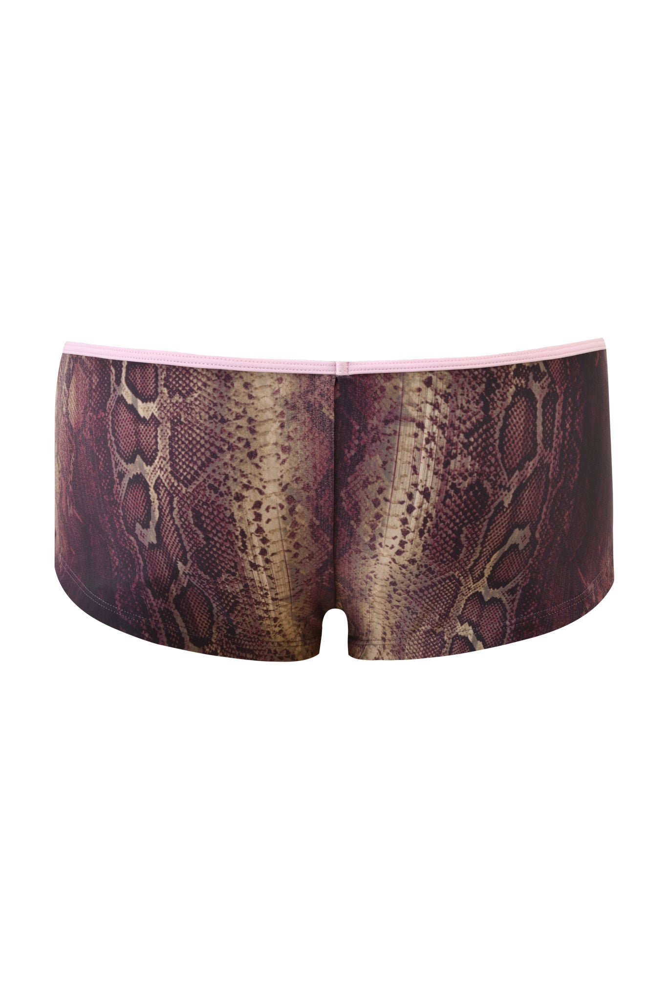 The JOANNE SHORT - SNAKE by I.AM.GIA features a low-rise bodycon fit with a brown, tan, and maroon snakeskin print and a light pink waistband, shown from the back on a white background.