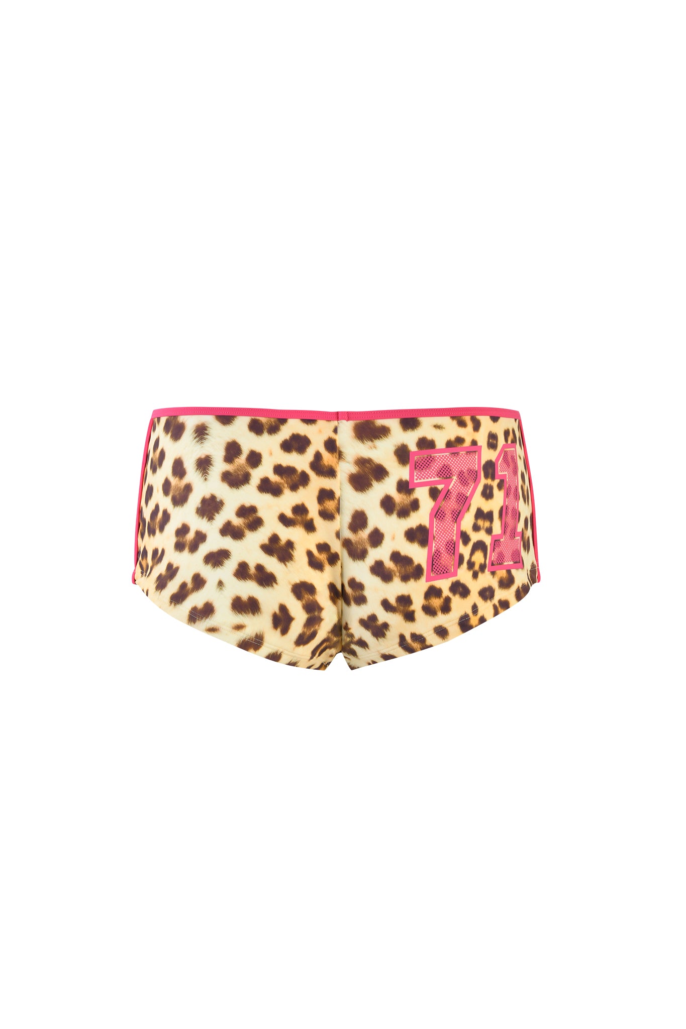 The JOANNE SHORT - NEUTRAL : LEOPARD : WILDCARD by I.AM.GIA features custom leopard print micro mini hot shorts with a pink elastic waistband and the number "74" in pink and red on the left side. These low-rise waist shorts are displayed against a white background.