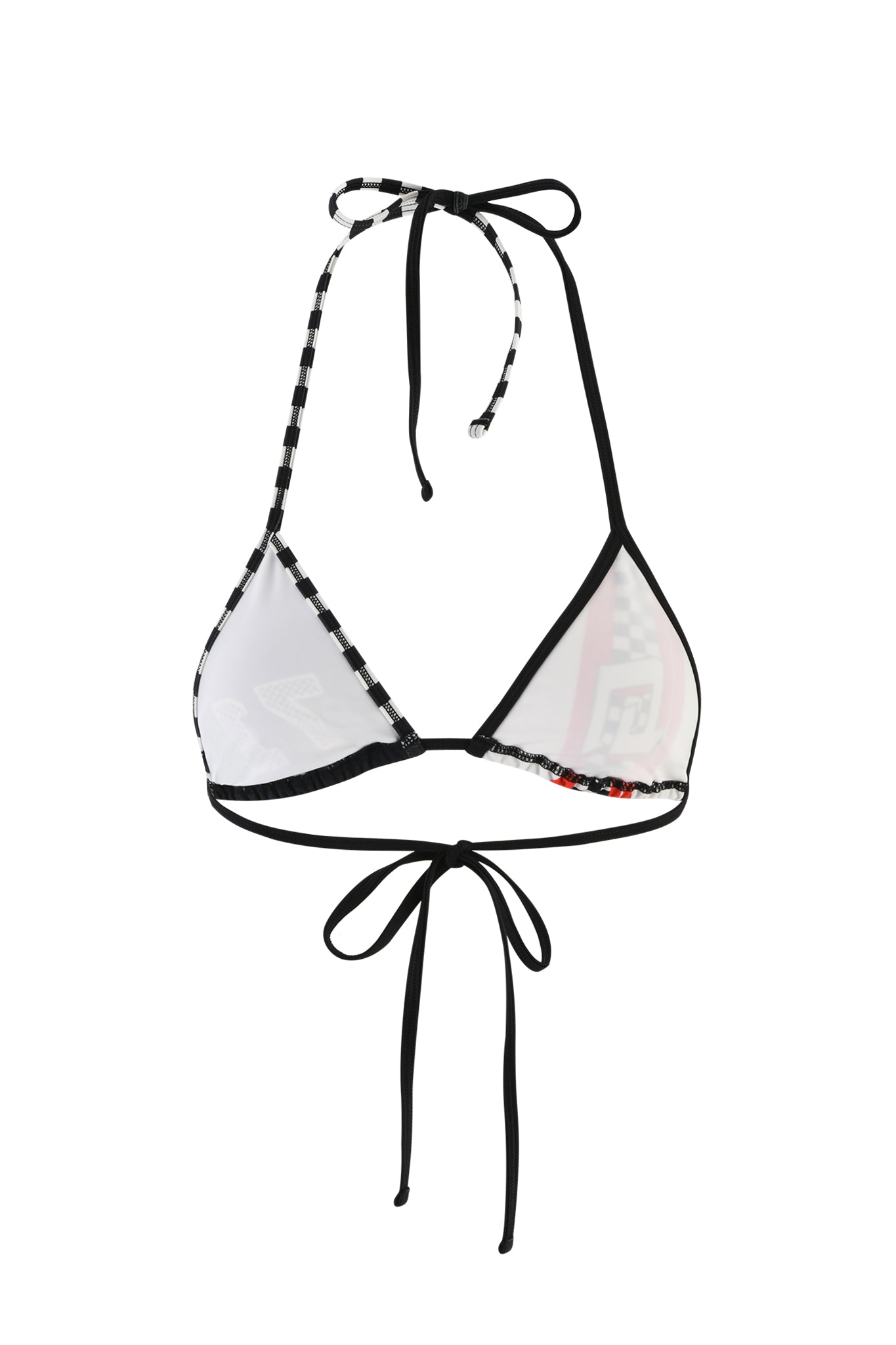 The RHIANNE BIKINI TOP - BLACK by I.AM.GIA features a black and white checkered halter style with adjustable ties at the neck and back. It boasts triangular cups with slight transparency, revealing subtle prints underneath for a chic summer look.