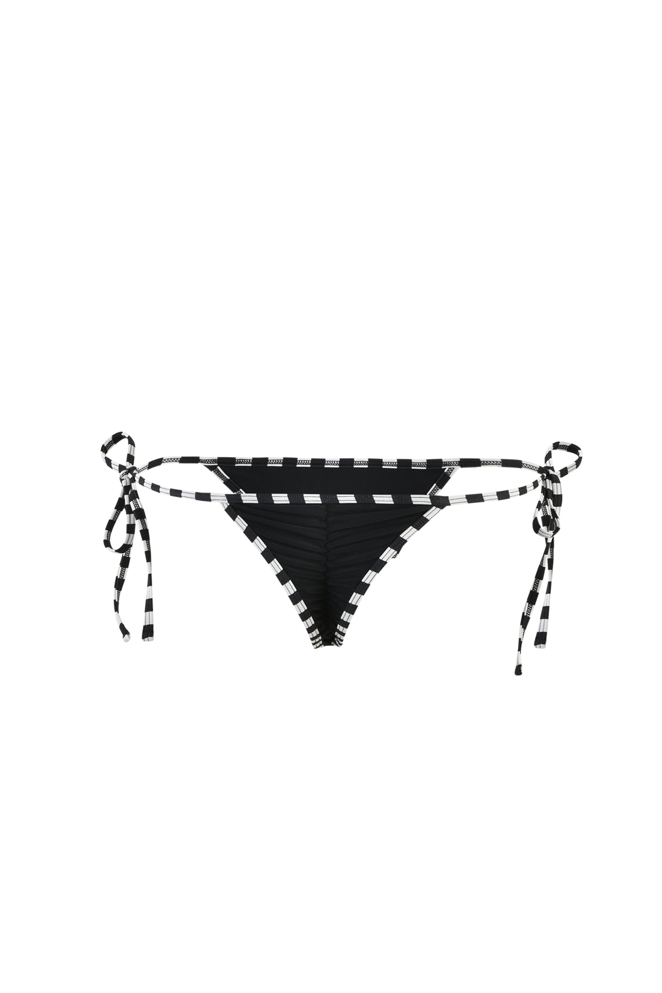 The RHIANNE BIKINI BOTTOM - BLACK by I.AM.GIA features white checkered side strings tied in chic bows. Its minimalist and stylish design makes it perfect for swimwear.