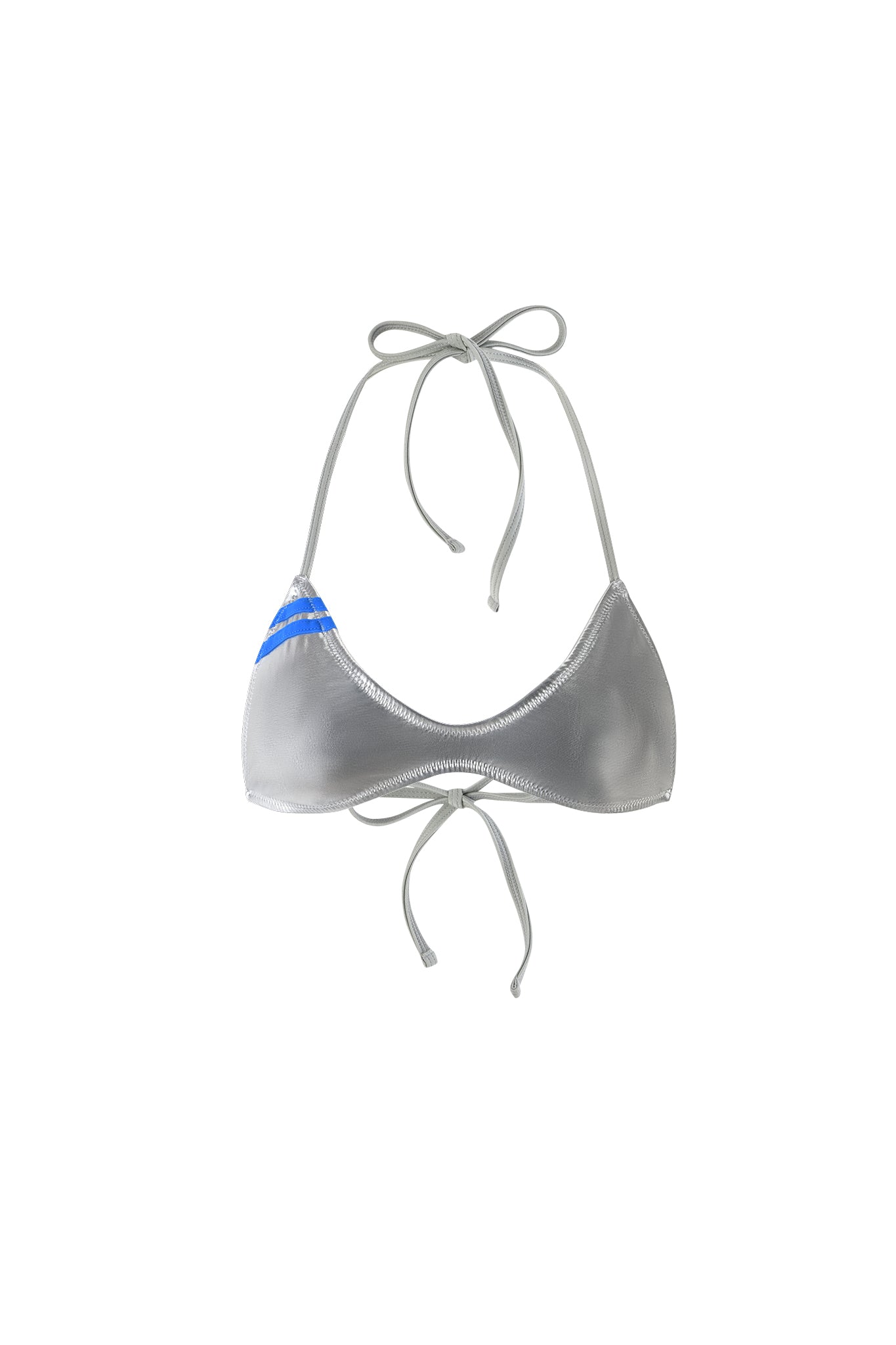 The HOLLY BIKINI TOP - SILVER by I.AM.GIA features a halter neck and back tie closures. The left triangle cup is accented with two diagonal blue stripes at the top, showcasing a minimalist, sporty design against a plain white background.