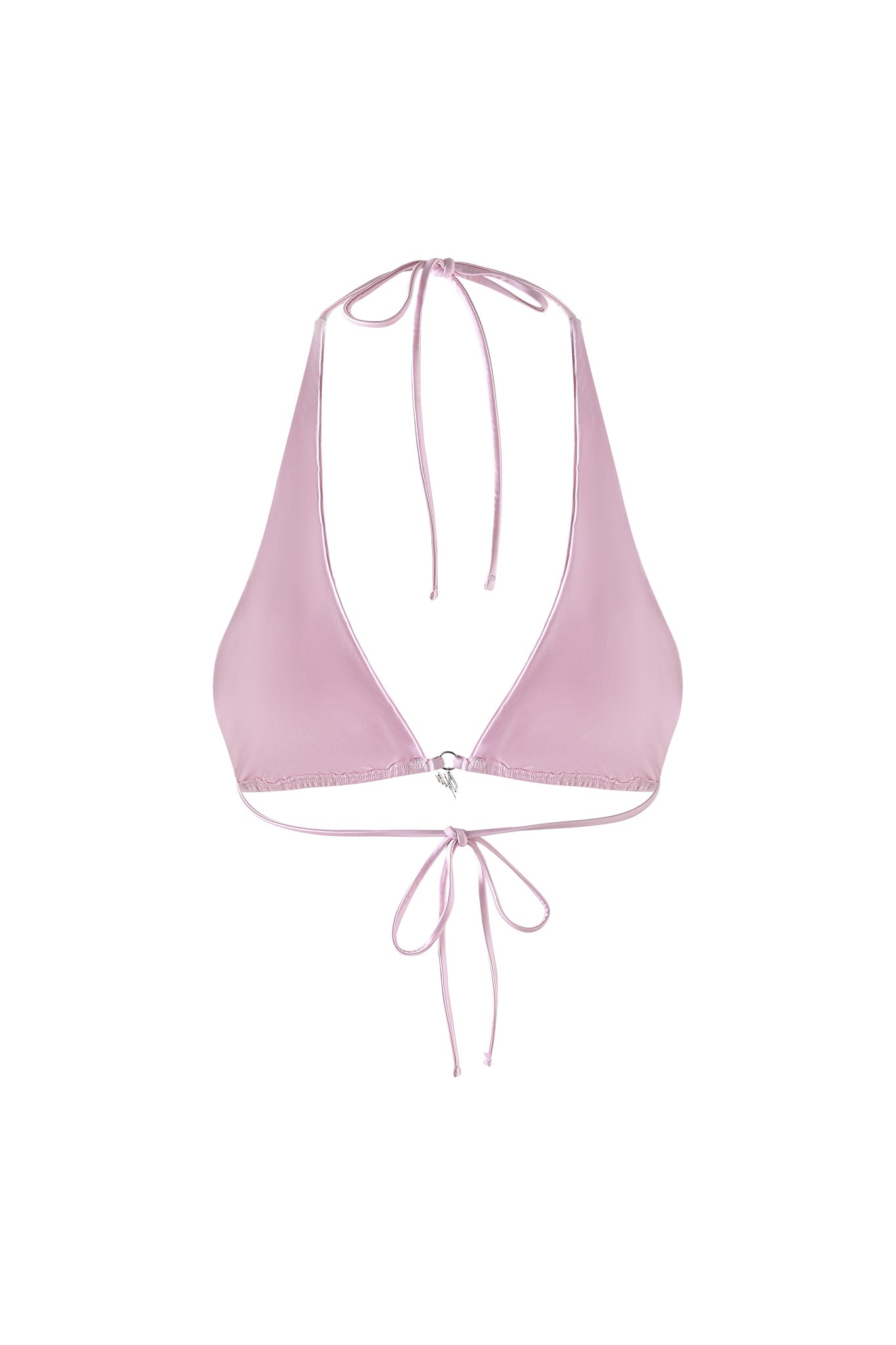 The I.AM.GIA PUKA BIKINI TOP - PINK in pastel pink boasts an adjustable halter neck and back tie closure. Featuring a deep V-neck design, this bikini top is crafted from smooth, shiny fabric, ensuring both style and comfort.