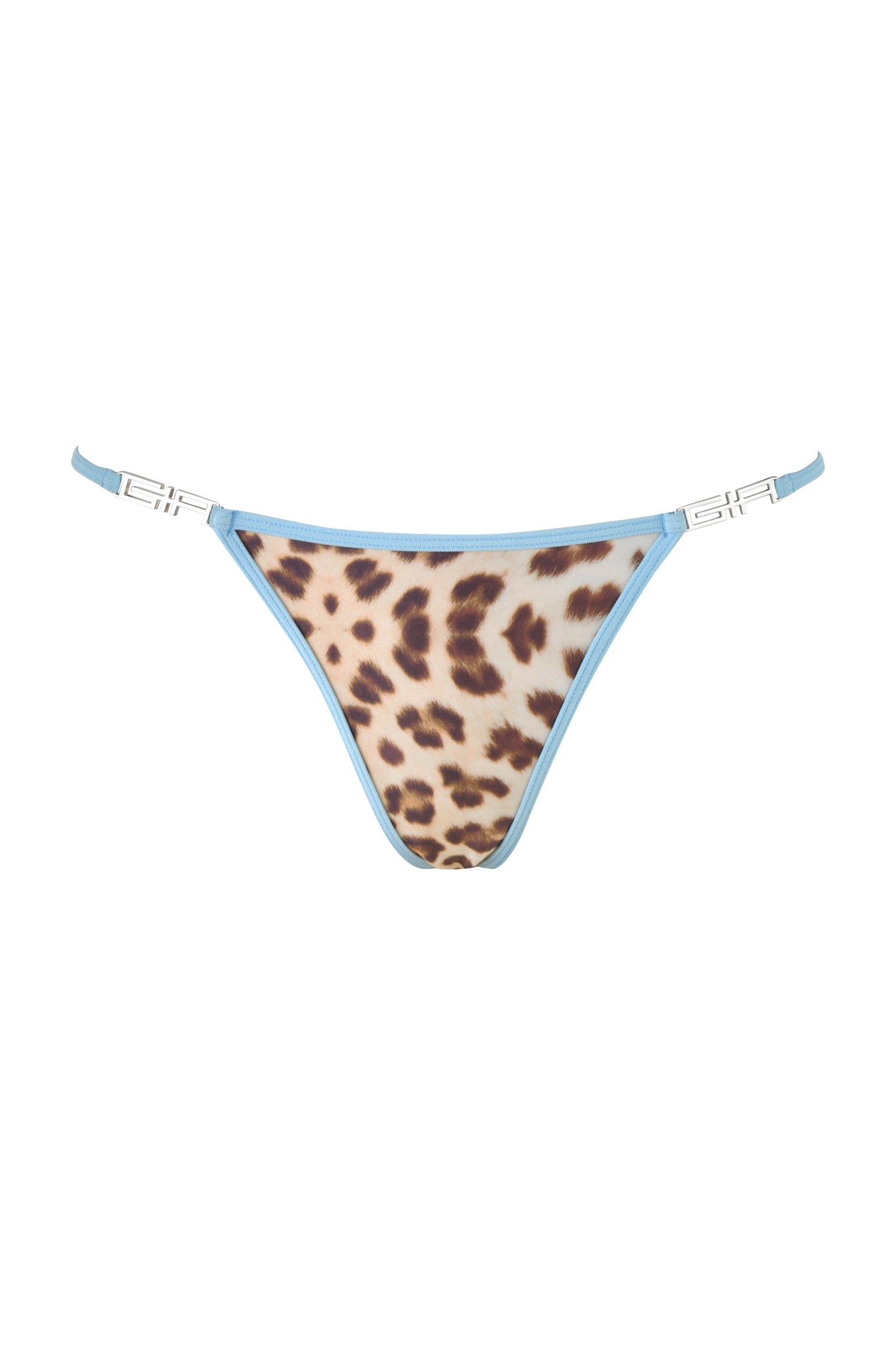 The SHINY AVA BIKINI BOTTOM - NEUTRAL : LEOPARD : WILD CARD features a striking leopard print with light blue trim and thin straps, prominently displaying the "I.AM.GIA" brand name on the sides. Ideal for swim moments that demand attention.