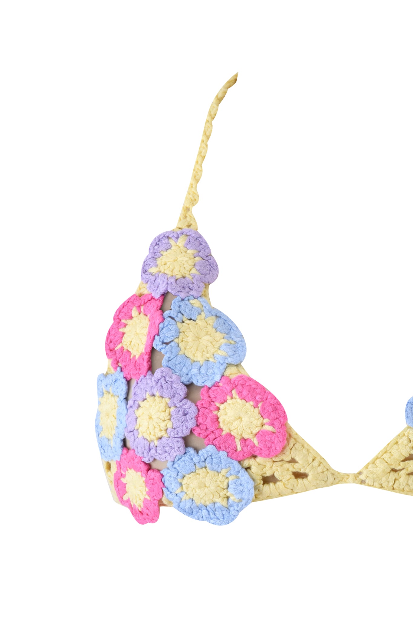 The BLOSSOM BIKINI TOP - MULTI by I.AM.GIA features a close-up of a yellow crochet triangle bikini top with floral bust cups, decorated with pink, blue, and purple appliqués. It includes adjustable ties at the top and sides.