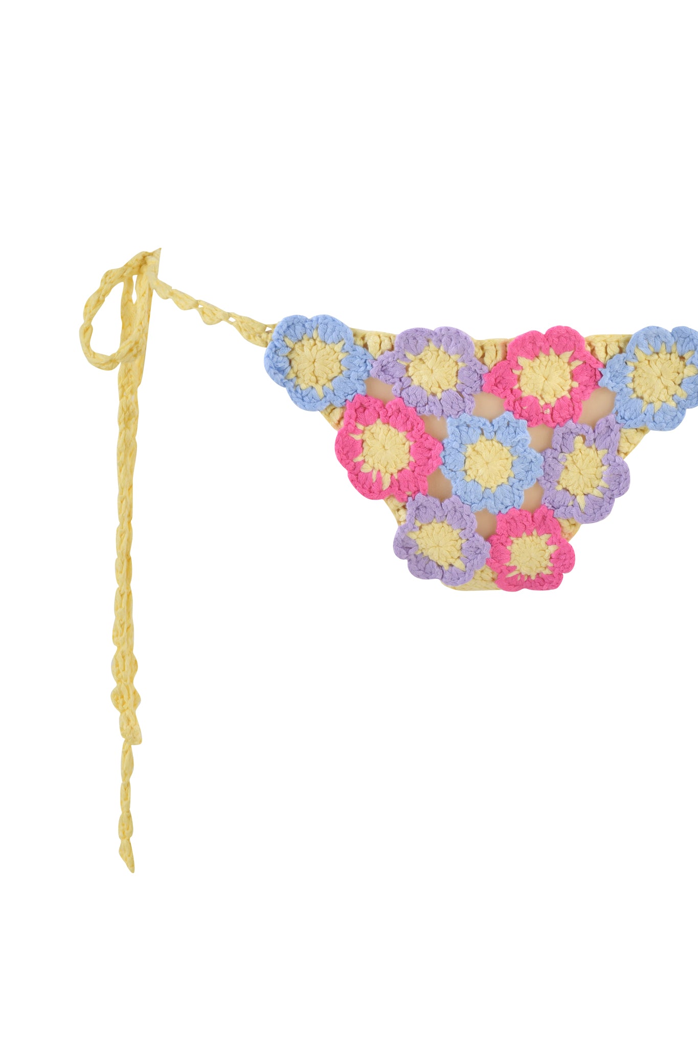 The BLOSSOM BIKINI BOTTOM - MULTI by I.AM.GIA features a crochet design with a flower motif in vibrant pink, blue, yellow, and cream hues, plus adjustable braided yellow side ties.