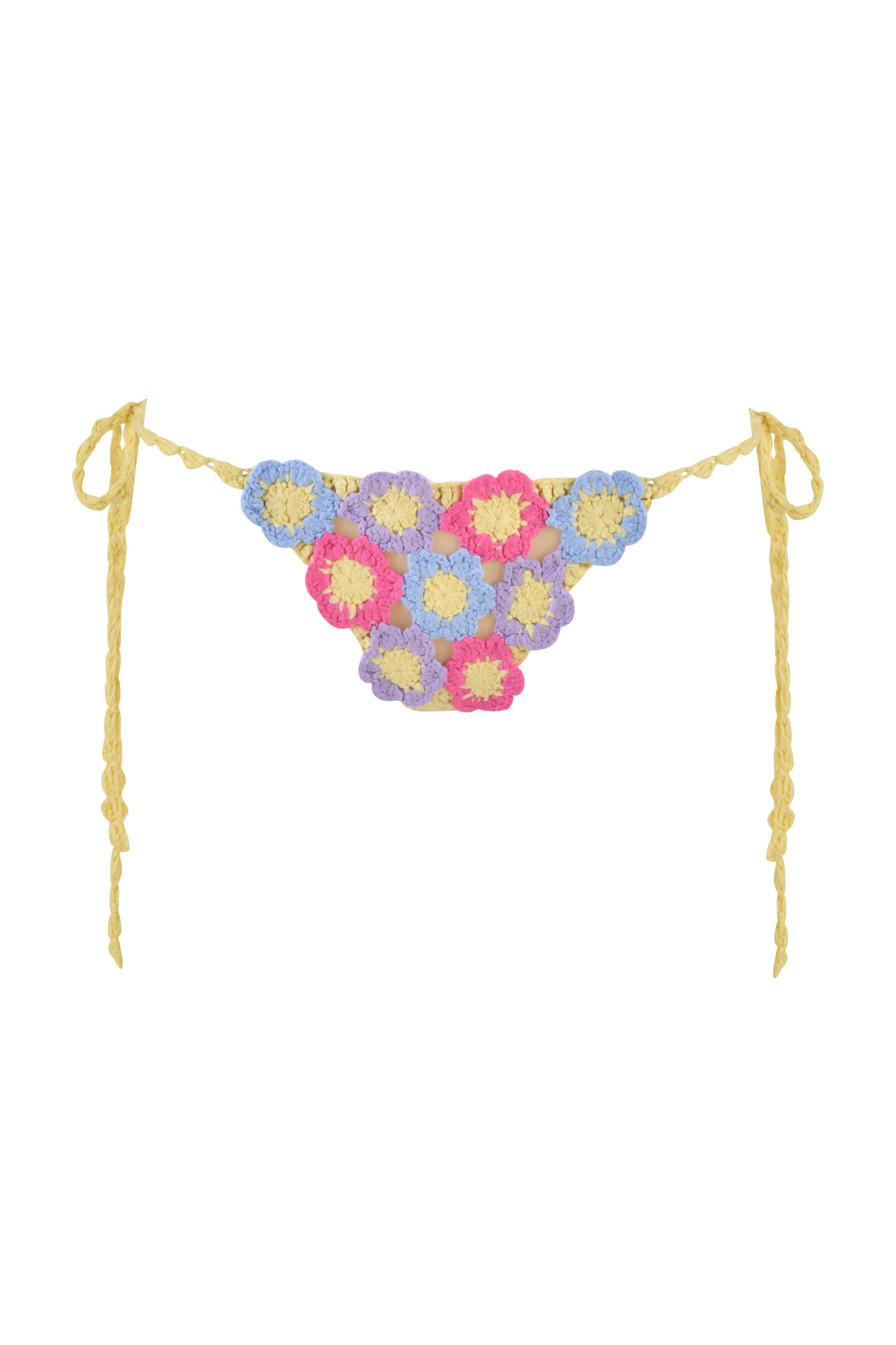 I.AM.GIA’s BLOSSOM BIKINI BOTTOM - MULTI is a yellow crochet bikini bottom with vibrant pink, purple, and blue flower motifs. It features flower clusters and adjustable side ties for an ideal fit.