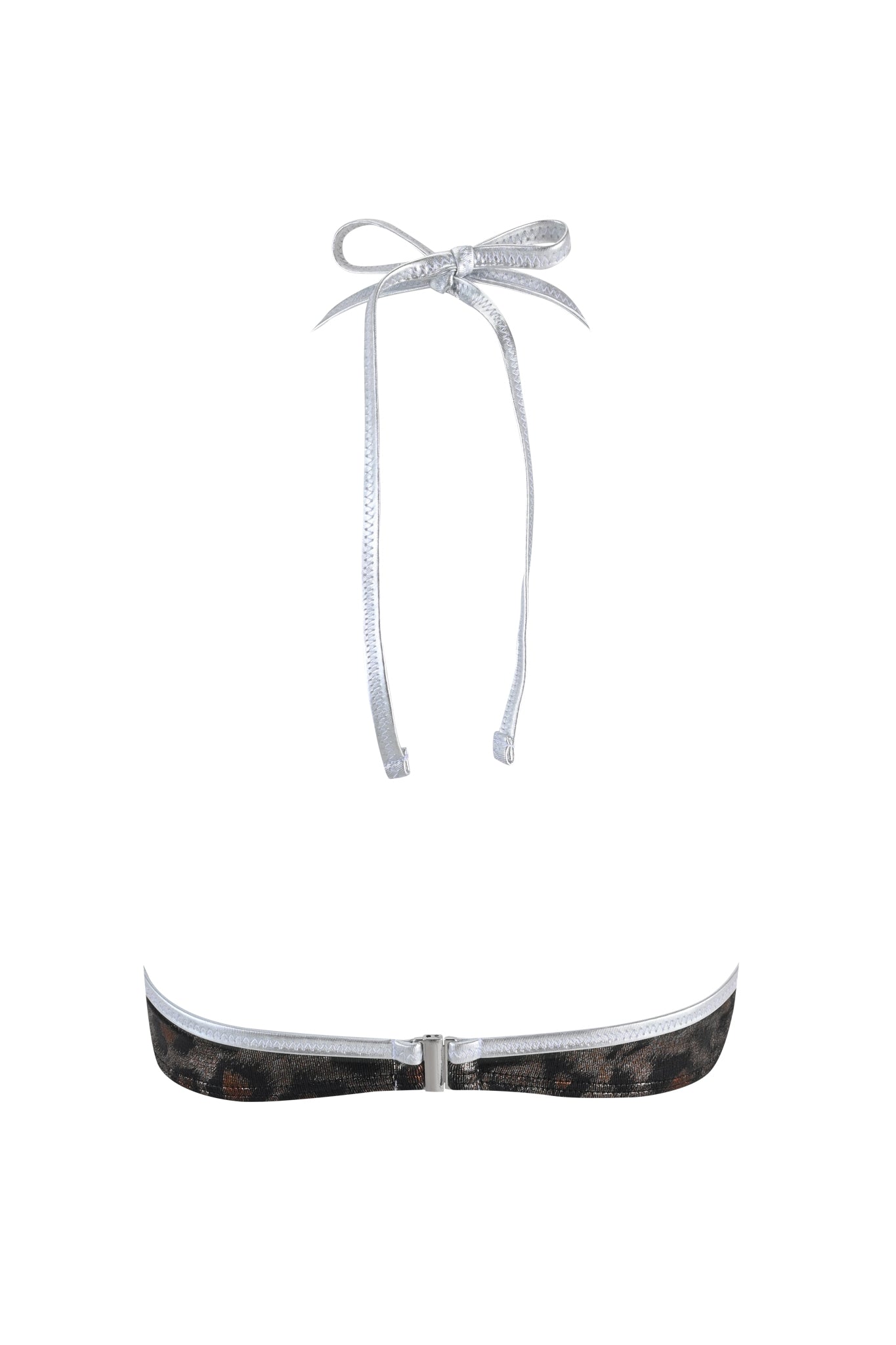 The HONEY BIKINI TOP - CLASSIC LEOPARD by I.AM.GIA is a strapless metallic leopard print with silver neck tie and back clasp. Crafted from luxe lurex swim fabric, it features subtle colors and sleek lines for a modern, stylish look.