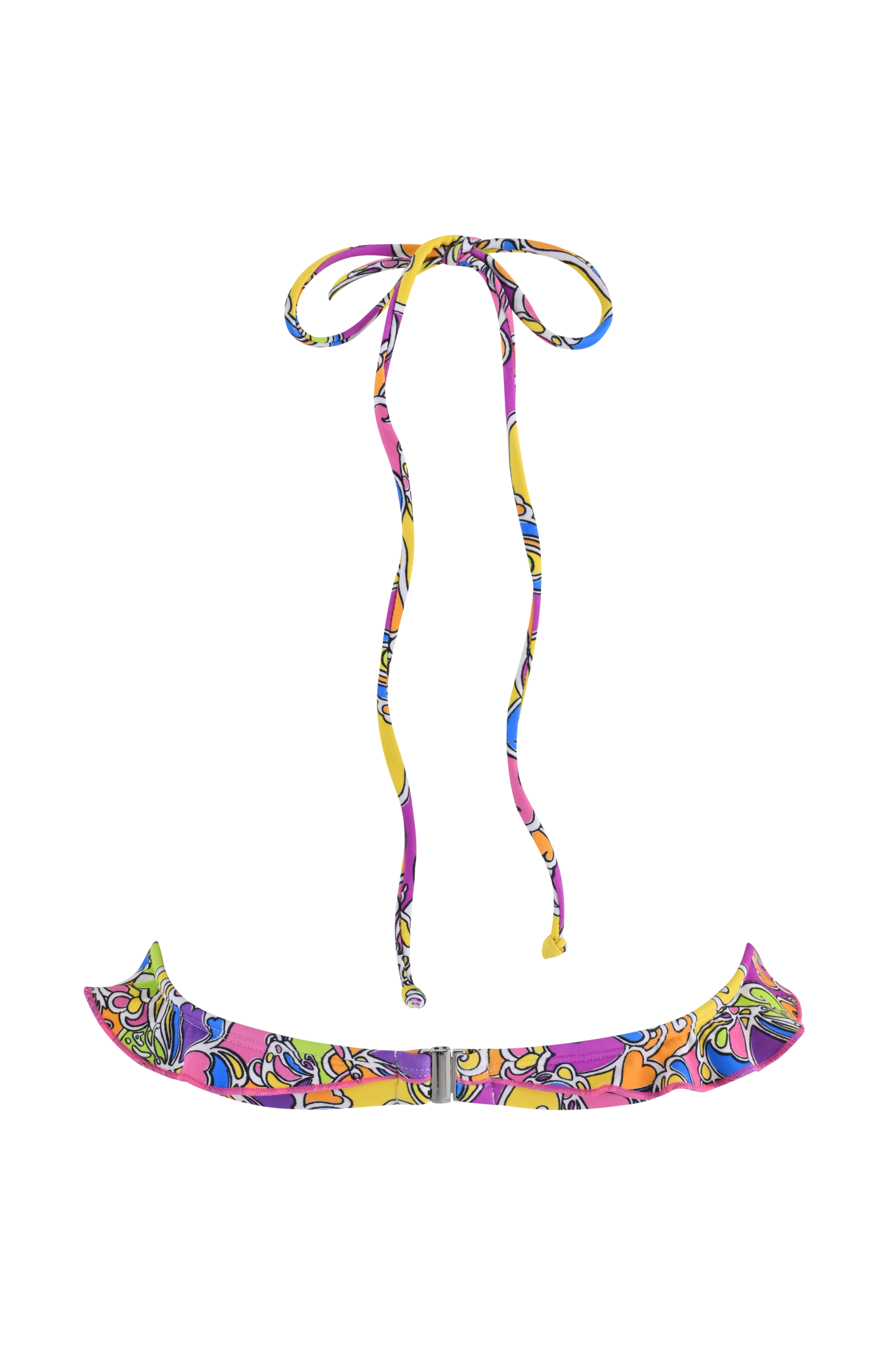 The MARNIE BIKINI TOP - TROPICAL BUTTERFLY BLOOM by I.AM.GIA features a colorful, abstract design with pastel stripes and swirls inspired by cobra hoods, set on a transparent background.